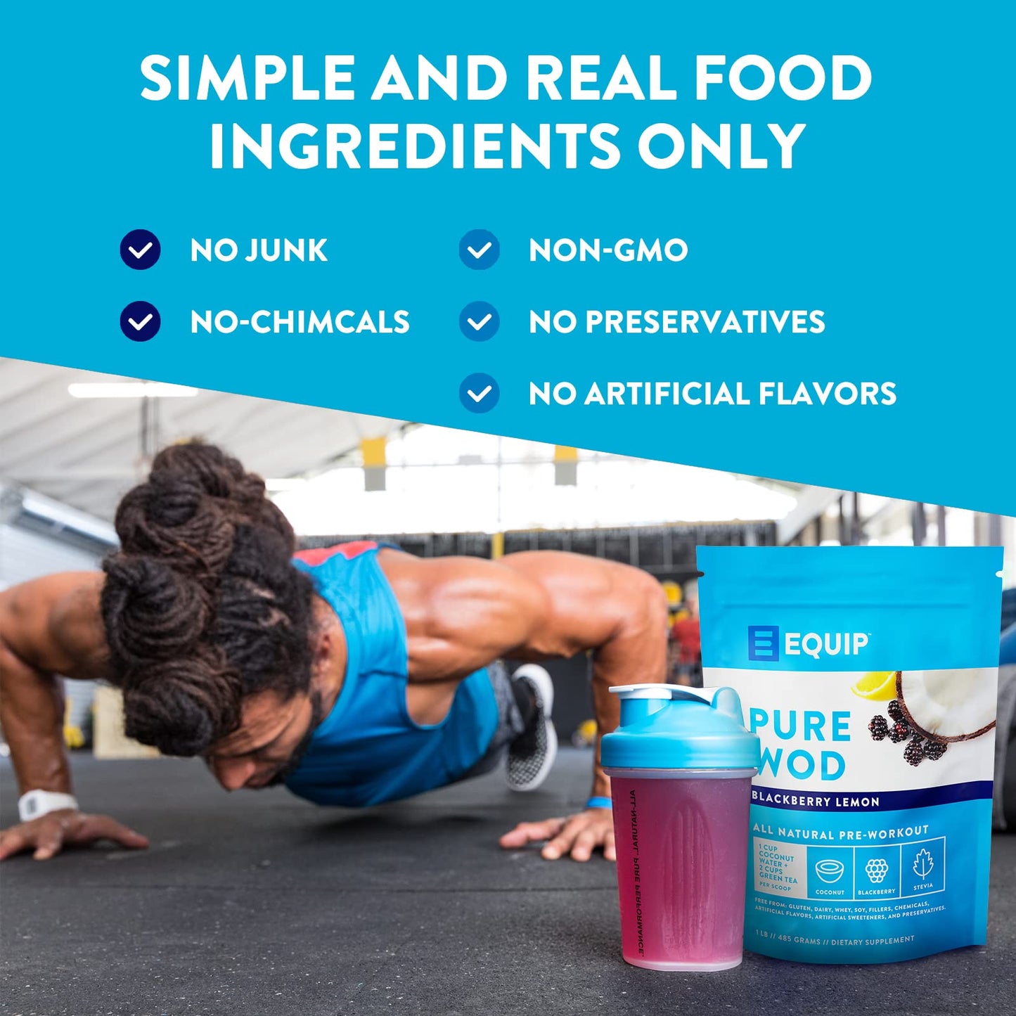 Equip Foods PureWOD All Natural Pre-Workout Powder - 200mg Green Tea Caffeine, BCAA