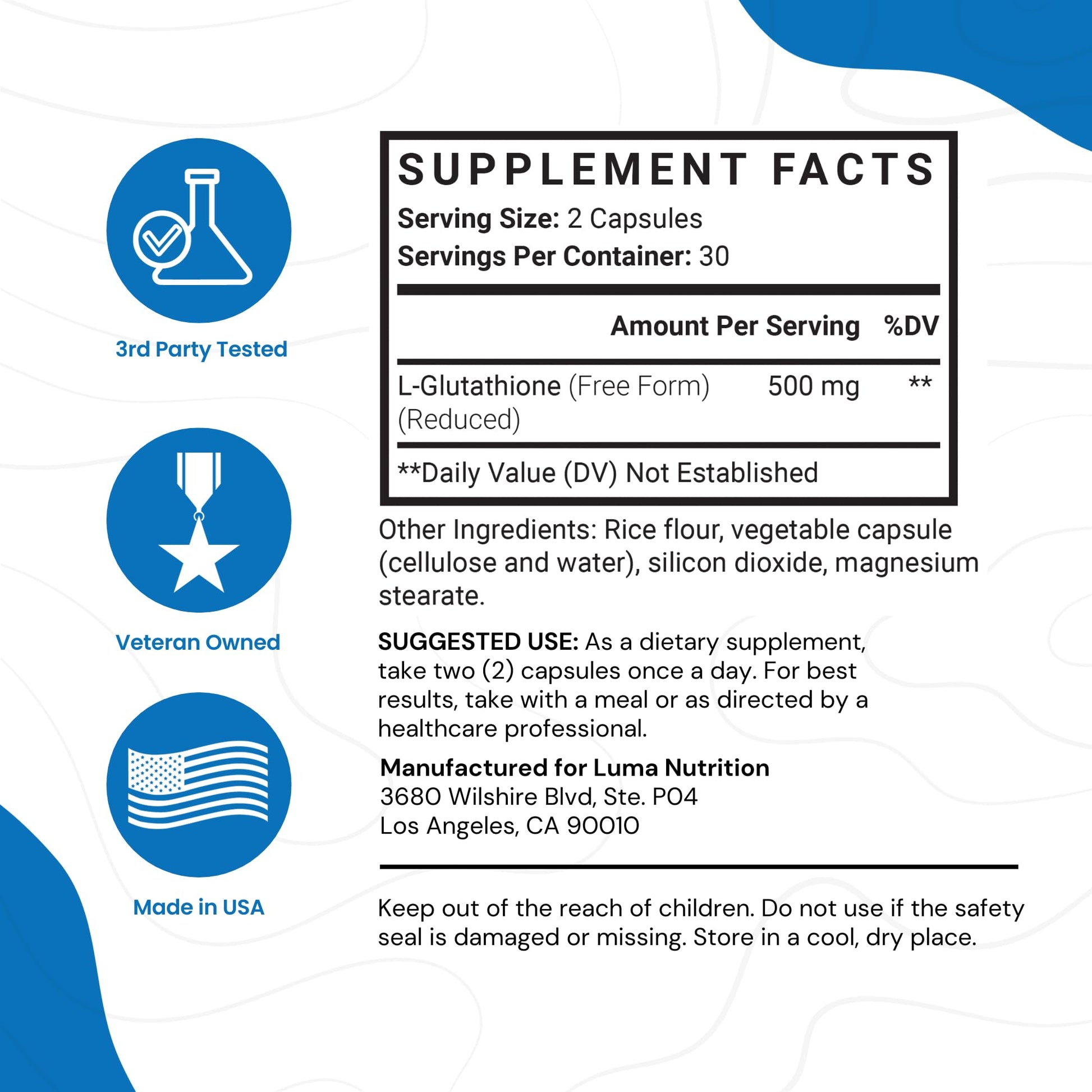 Premium Glutathione - Reduced Glutathione 500mg - Glutathione Supplement - L-Glutathione Luma Nutrition