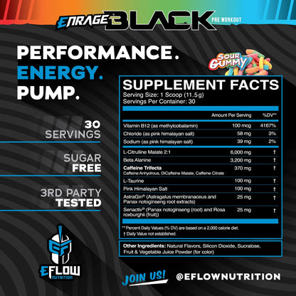 eFlow Nutrition Enrage Black High Stimulant Pre Workout Supplement - Preworkout Powder to Boost Energy, Pumps and Strength - 4 Flavors (30 Servings) (Sour Watermelon)