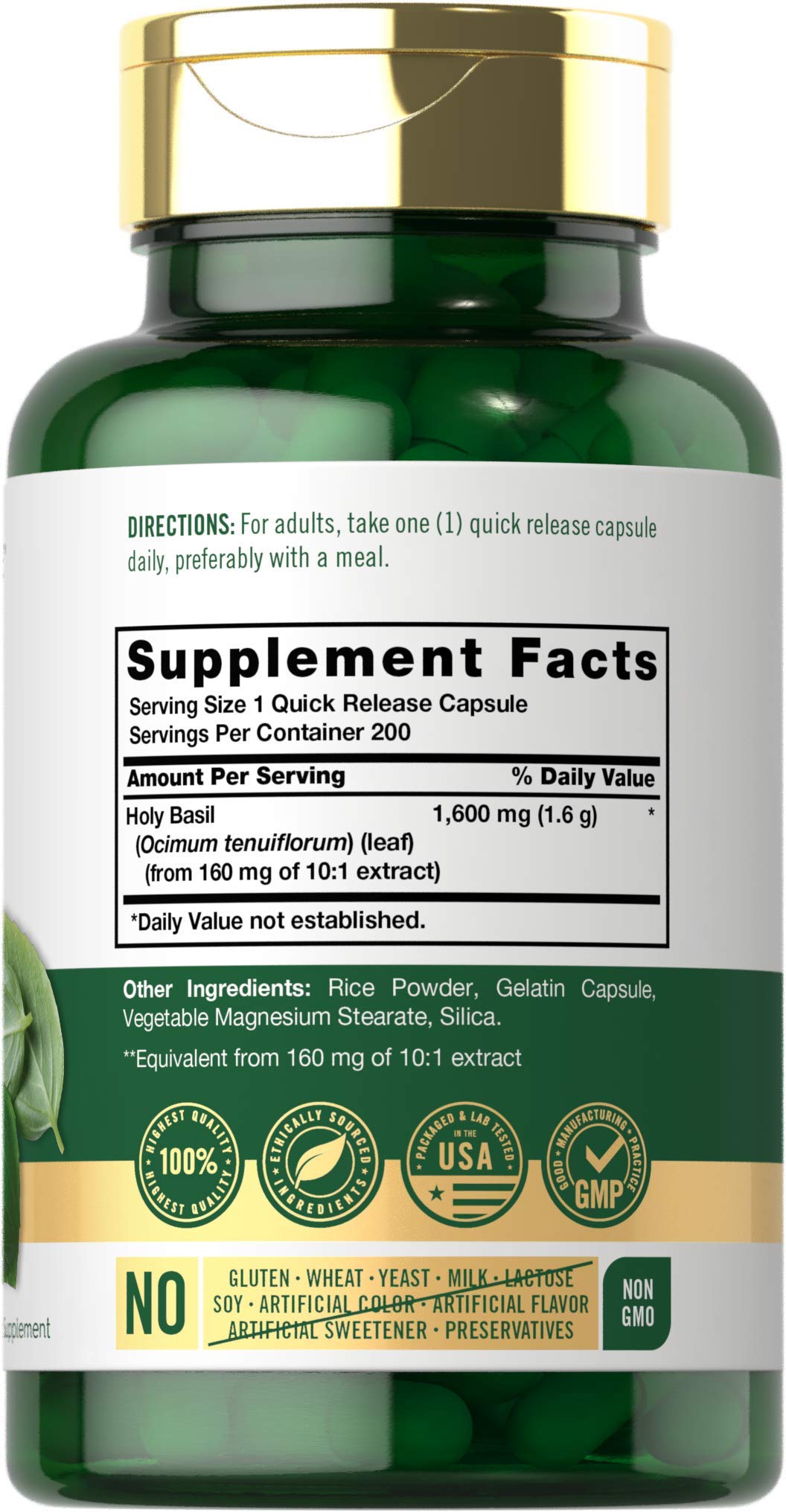 Carlyle Holy Basil Capsules 1600 mg | 200 Count | Tulsi Holy Basil Leaf Extract | Herbal