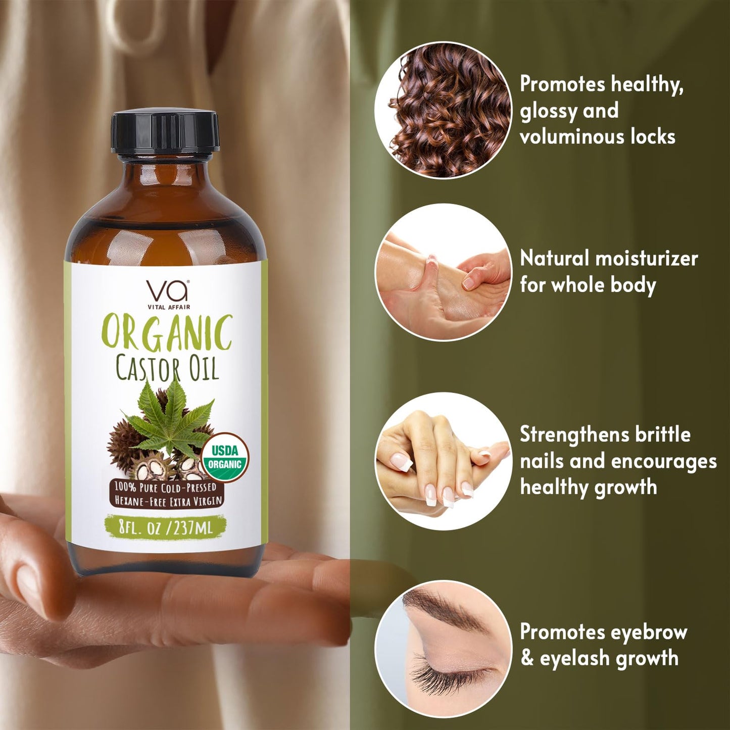 VITAL AFFAIR Castor Oil Organic Cold Pressed Unrefined Glass Bottle- USDA Certified Organic Castor Oil