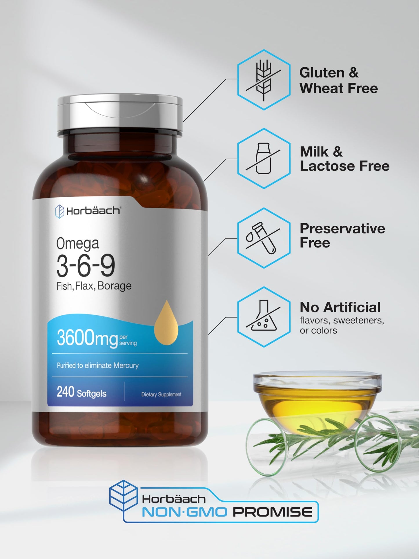 Triple Omega 3-6-9 240 Softgels | from Fish, Flaxseed, Borage Oils | Non-GMO & Gluten