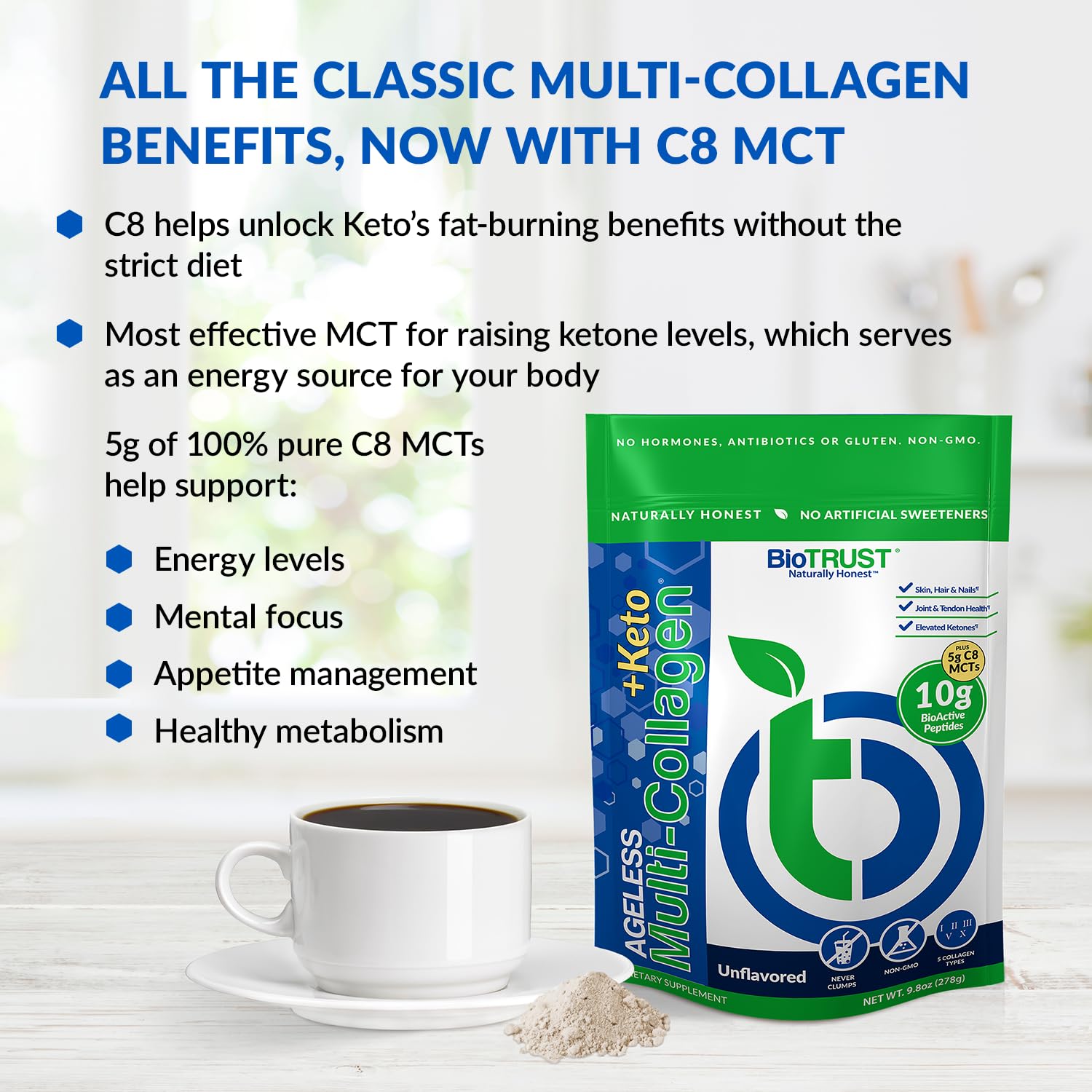BioTrust Multi-Collagen Protein Powder + Keto MCT Oil – 5 Collagen Types Plus 100% BioTrust