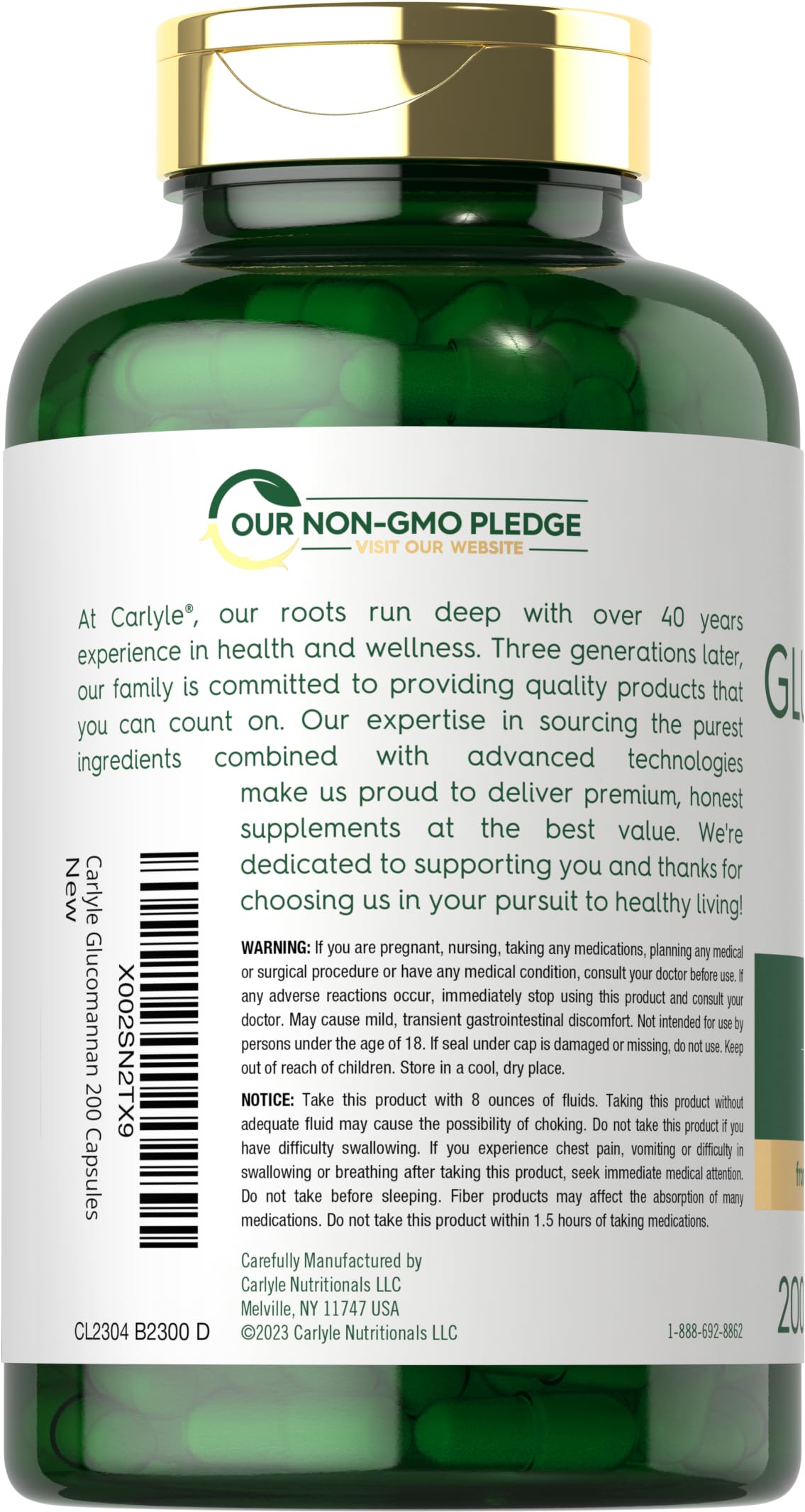 Carlyle Glucomannan Capsules | 200 Count | Soluble Fiber Pills | Non-GMO