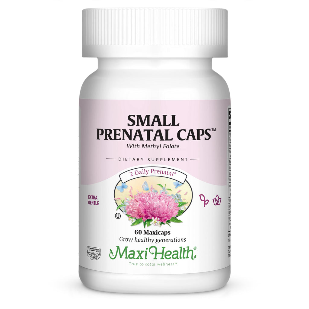 Maxi-Health Small Prenatal Capsules With Methyl Folate - Minerals, Gentle Iron, Vitamins - Kosher, 60 Count