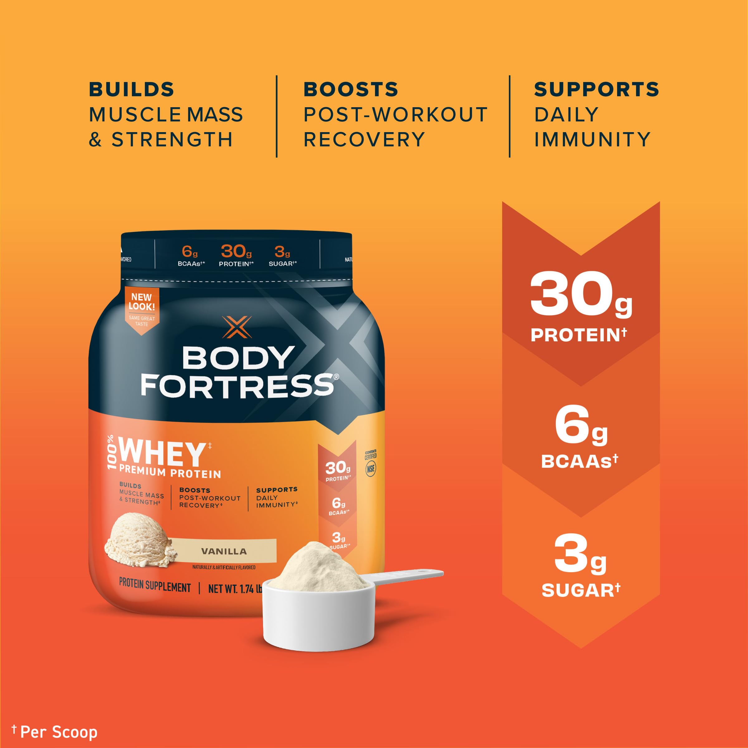 Body Fortress 100% Whey, Premium Protein Powder, Vanilla, 1.74lbs (Packaging May Vary) Body Fortress