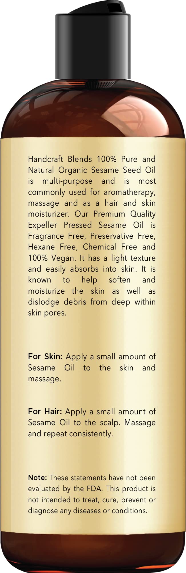 Handcraft Blends Organic Sesame Oil for Skin and Hair 8 oz - 100% Pure and Natural - Premium Handcraft Blends