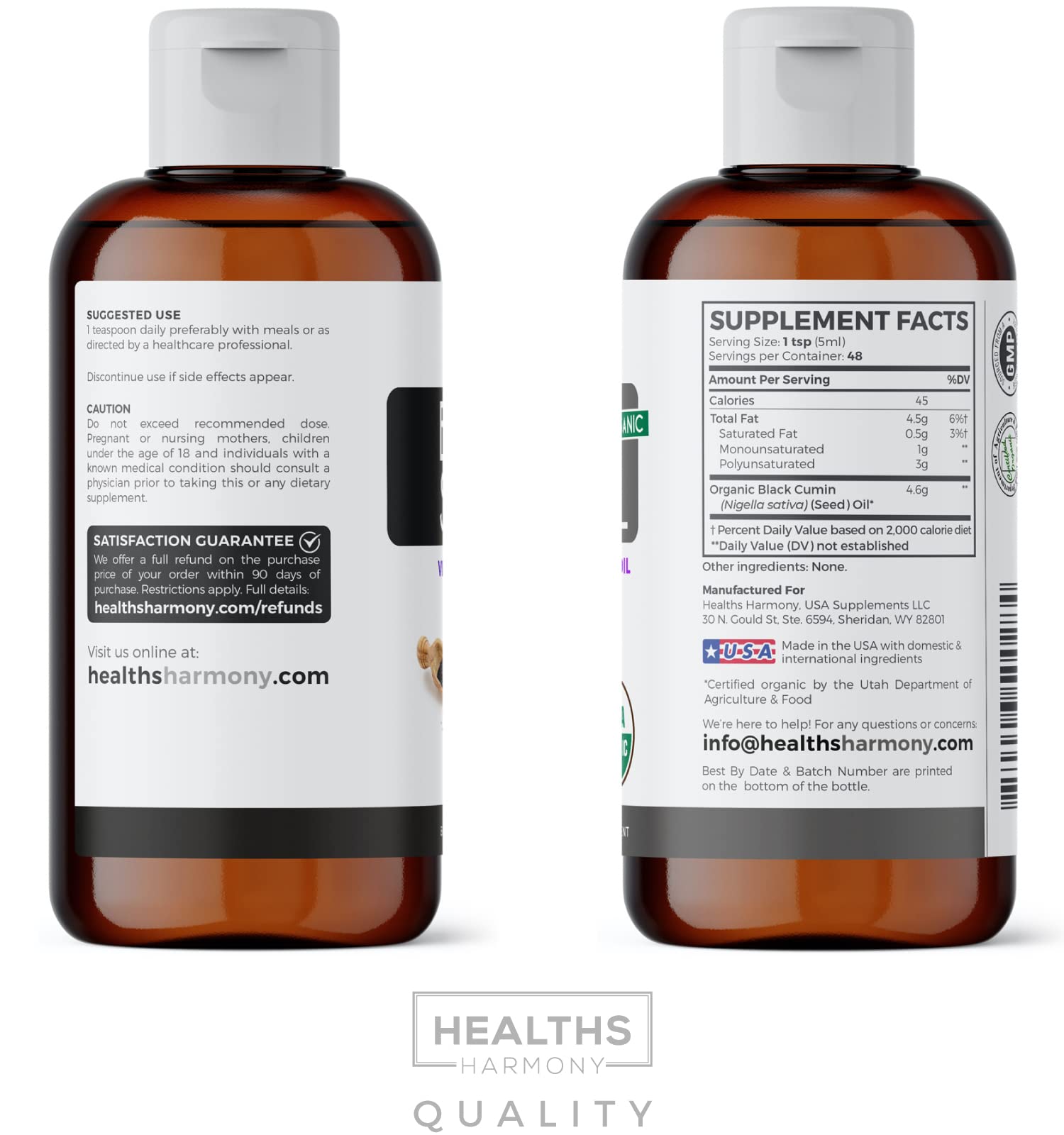 USDA Organic Black Cumin Seed Oil Liquid (8 fl oz) Premium Cold-Pressed Nigella Sativa Healths Harmony