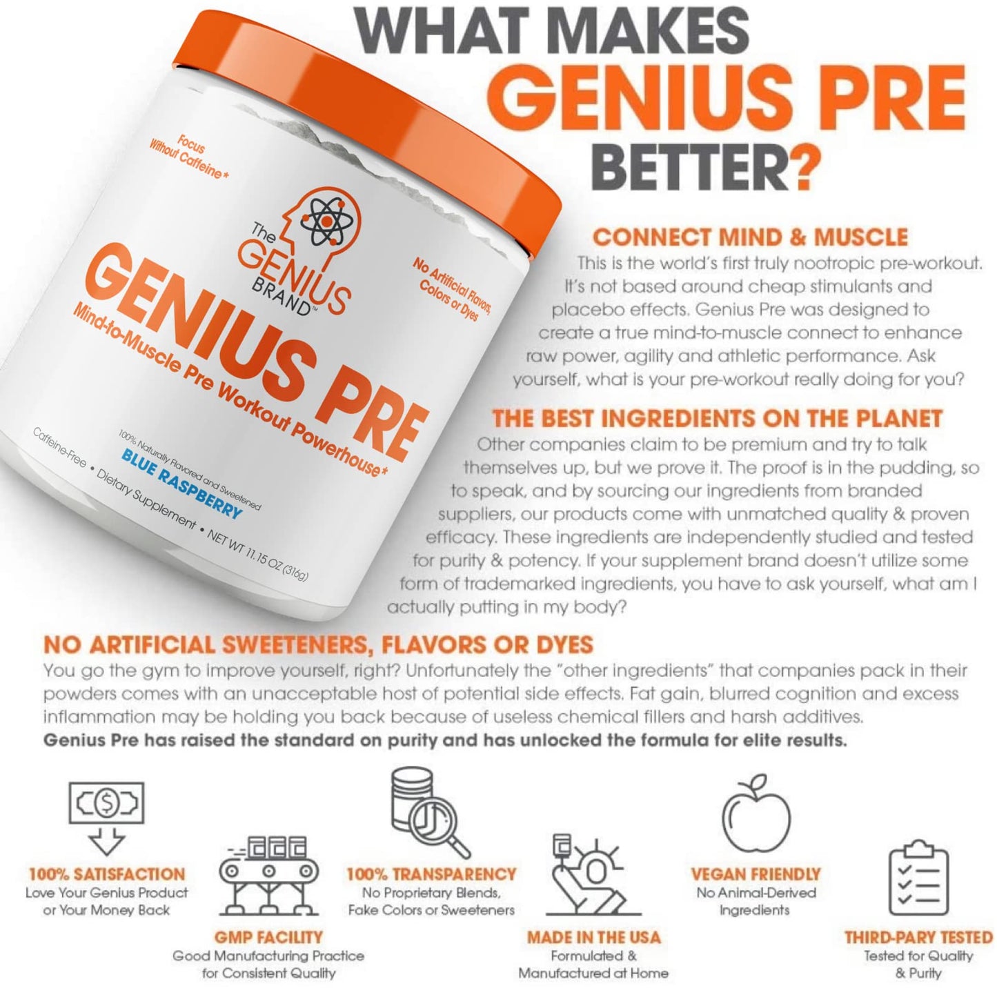 Genius Pre Workout Powder, Blue Raspberry - All-Natural Nootropic Pre-workout & Caffeine