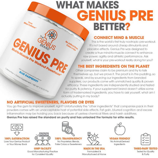 Genius Pre Workout Powder, Blue Raspberry - All-Natural Nootropic Pre-workout & Caffeine