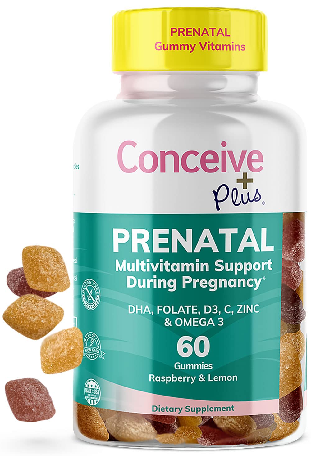 CONCEIVE PLUS Prenatal Gummies - DHA, Folic Acid, Vitamin D3, C, Zinc, and Omega 3, Natural Lemon