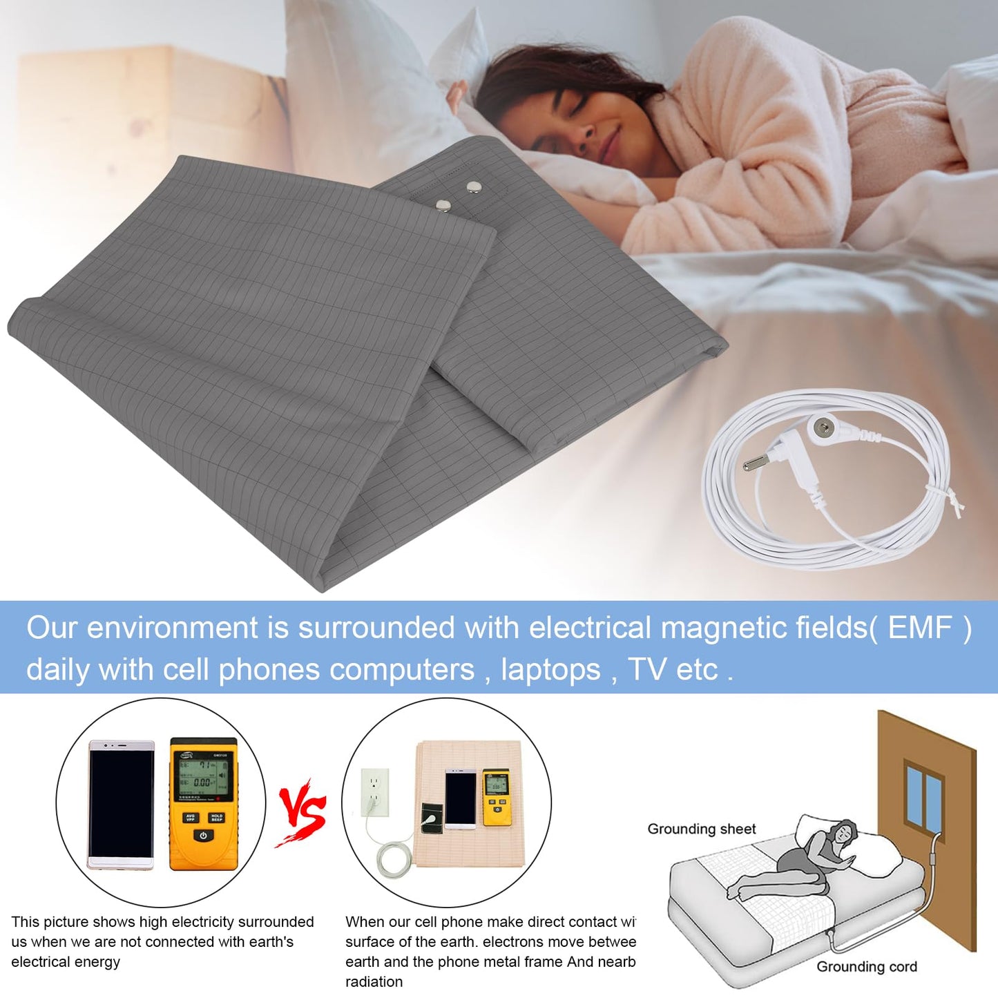 Grounding Mat for Bed, Grounding Sheets Blanket with Grounding Cord, Earthing Mat Grounding Pad