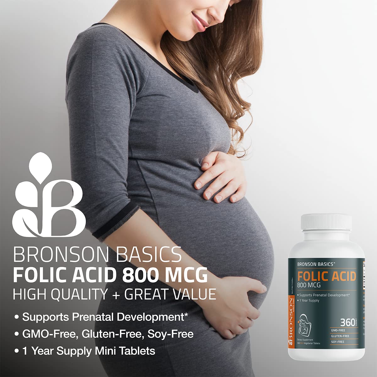 Bronson Folic Acid 800 MCG Supports Prenatal Development, 1 Year Supply, Non-GMO Bronson