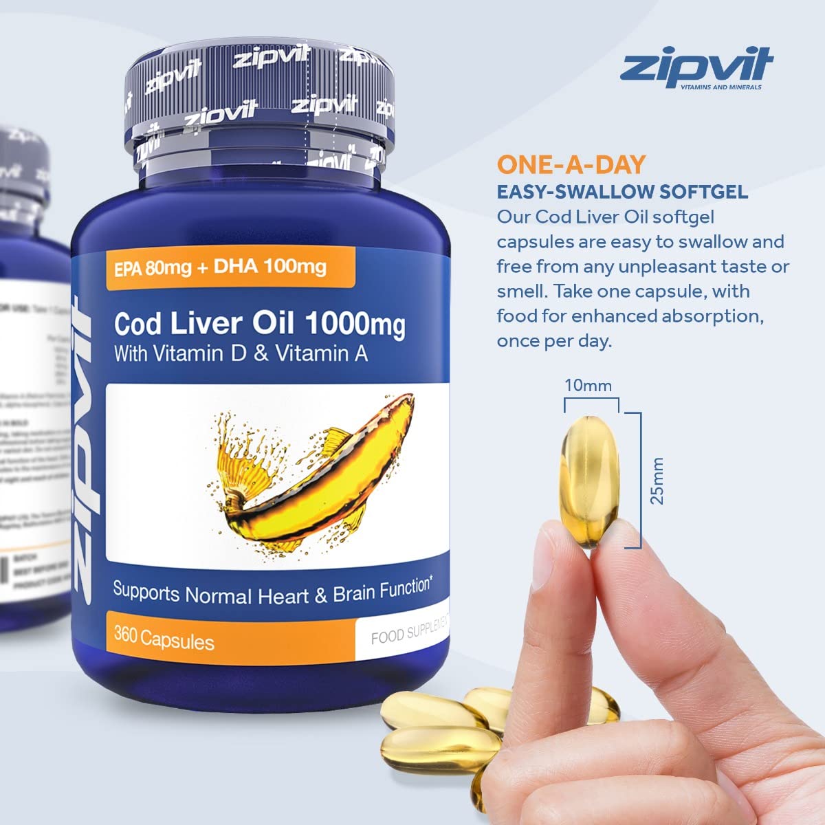 Cod Liver Oil 1000mg, 360 Capsules of High Strength Fish Oil, Rich in Omega 3. Supports Zipvit