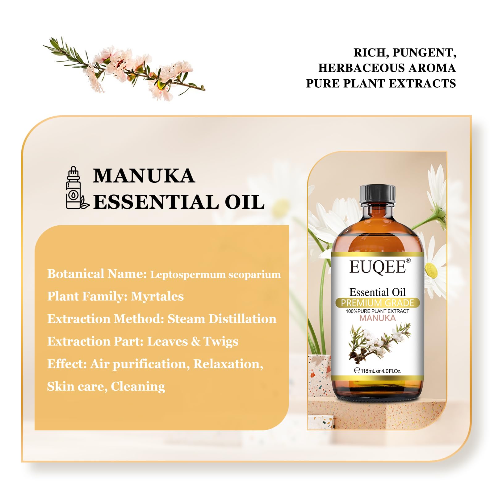 EUQEE Manuka Essential Oil 118ml Large Capacity Pure Manuka Oil with Glass Dropper for Skin EUQEE