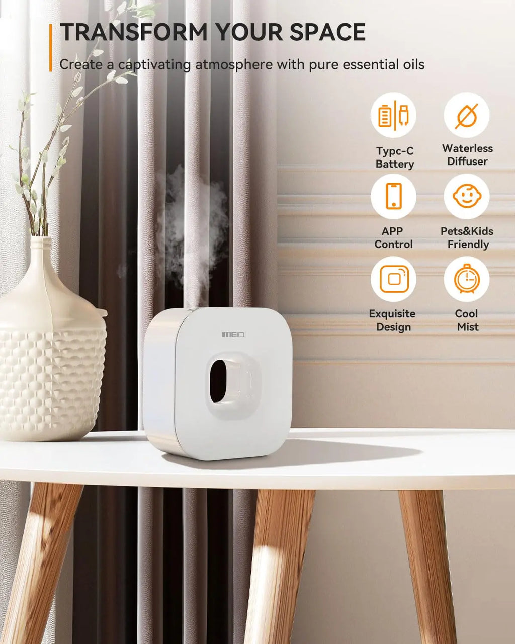 MEIDI Waterless Essential Oil Diffuser - Bluetooth Cordless Aromatherapy Diffuser with App Control MEIDI