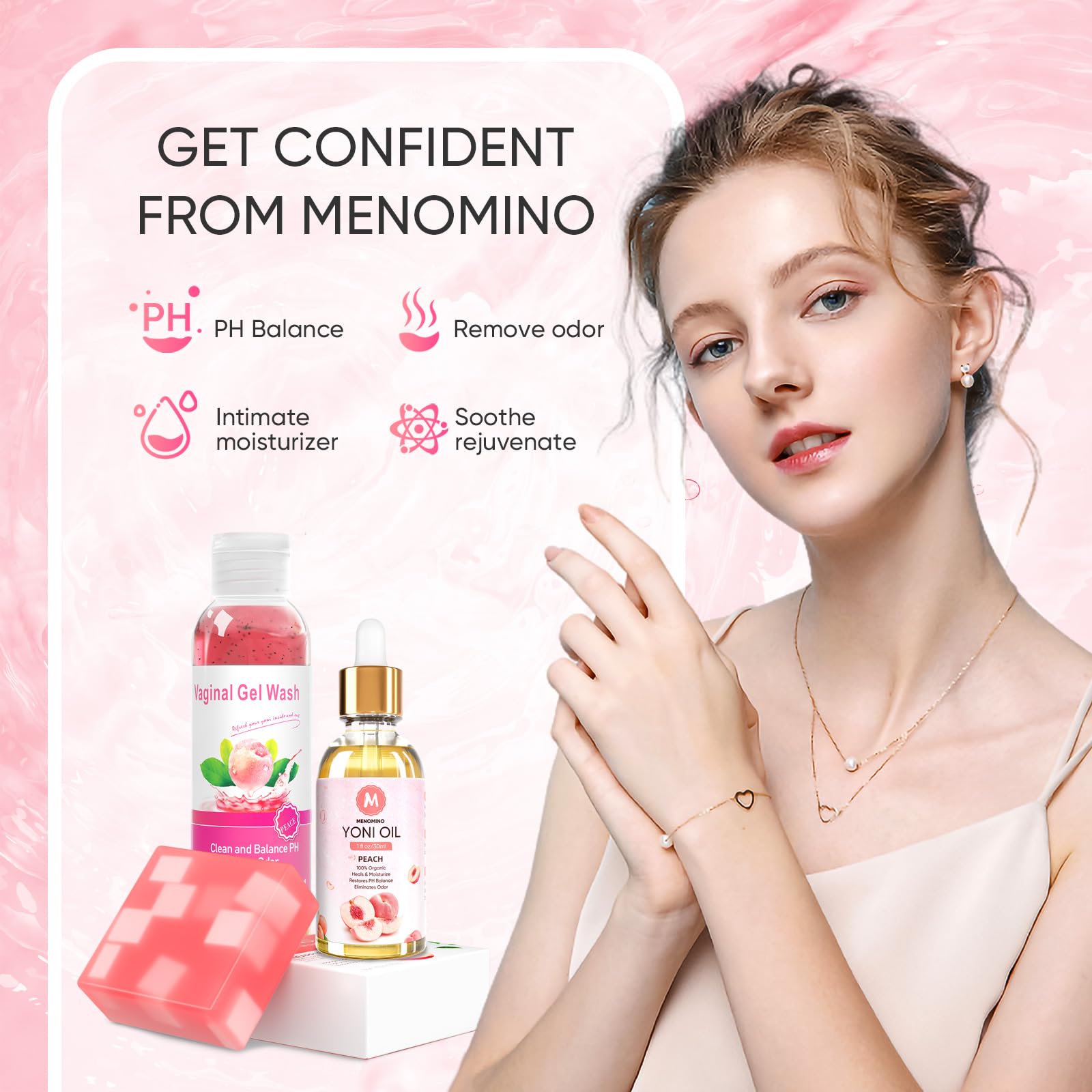 Feminine Wash & Yoni Oil & Yoni Soap Bar Set for Women, 1 Fl.Oz Natural Feminine Oil, Feminine MENOMINO