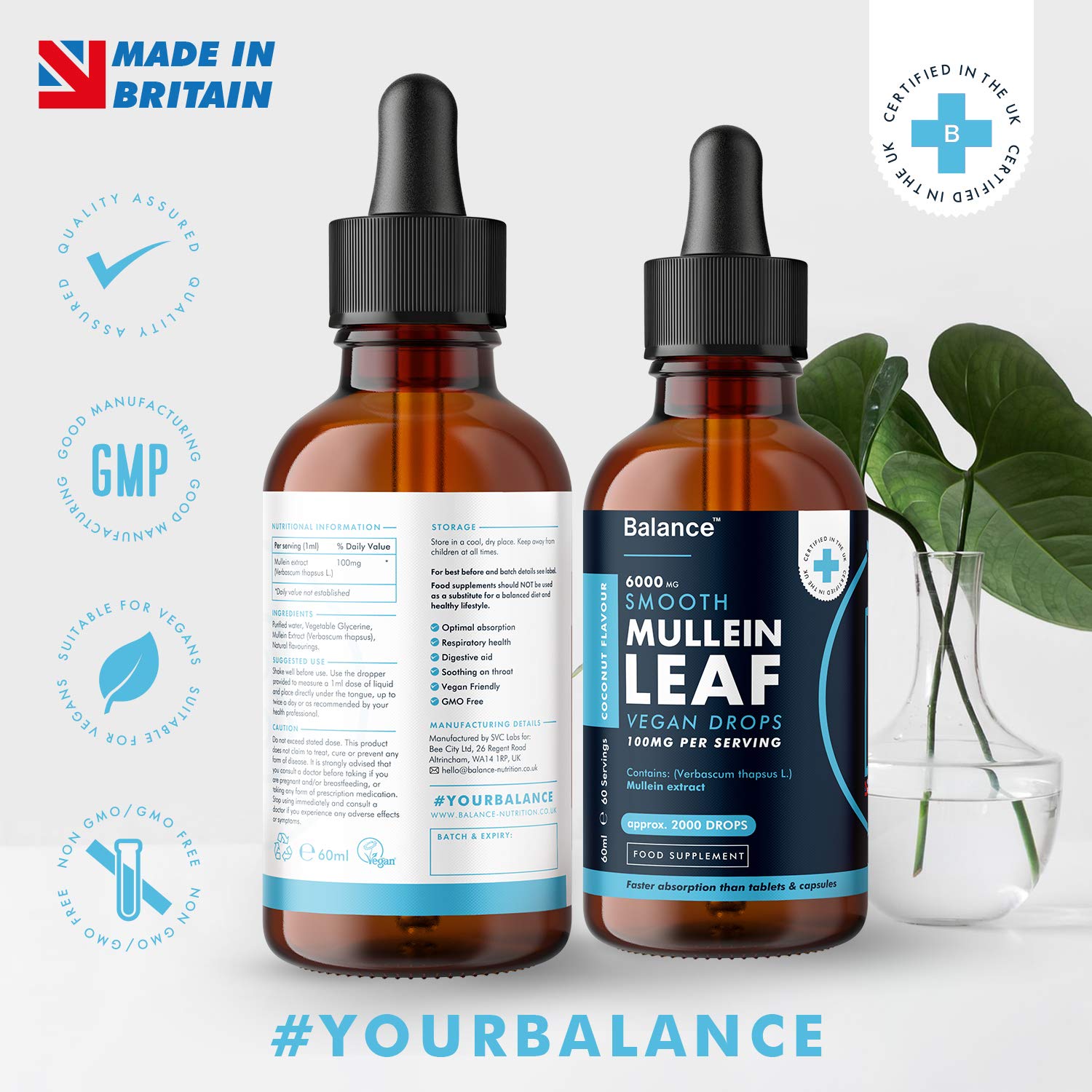 Balance Mullein Leaf Liquid Drops - 60ml for 2 Month Supply - High Strength - Vegan Balance