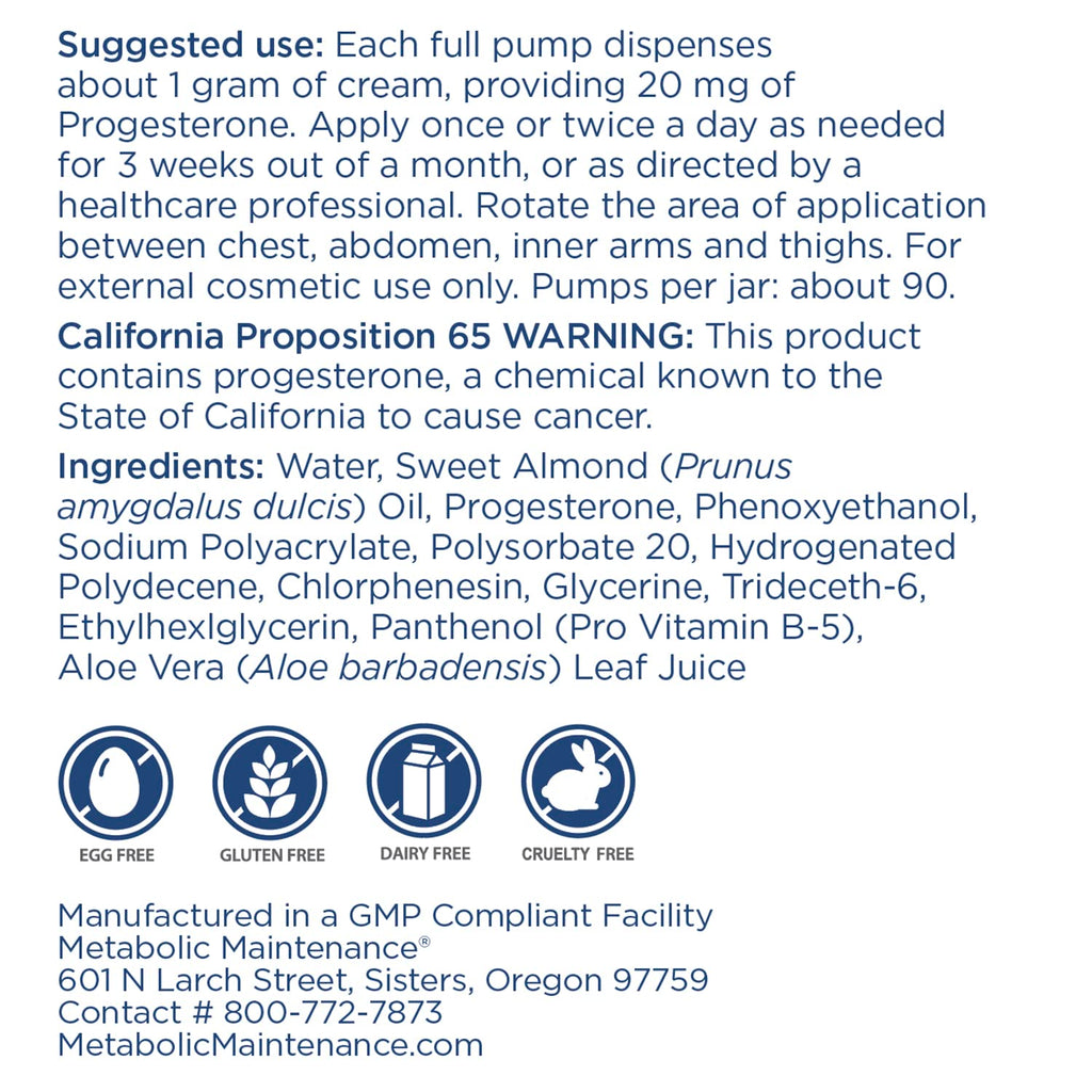 Metabolic Maintenance Progeste Cream - 20mg Progesterone Cream for Women - Bio-Identical Progesterone