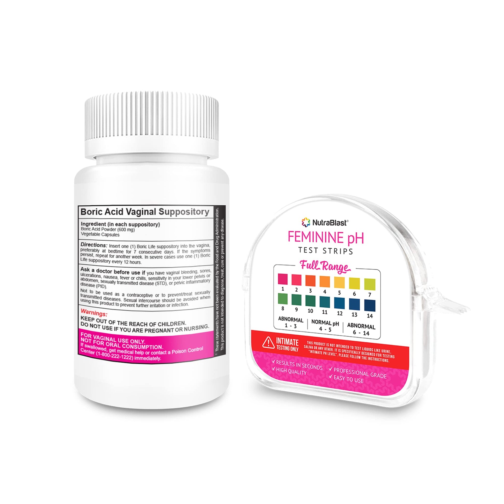 NutraBlast Boric Acid Vaginal Suppositories 600mg (30 Count) & Feminine pH Test Strips 1-14 (100-Tests Roll) NutraBlast