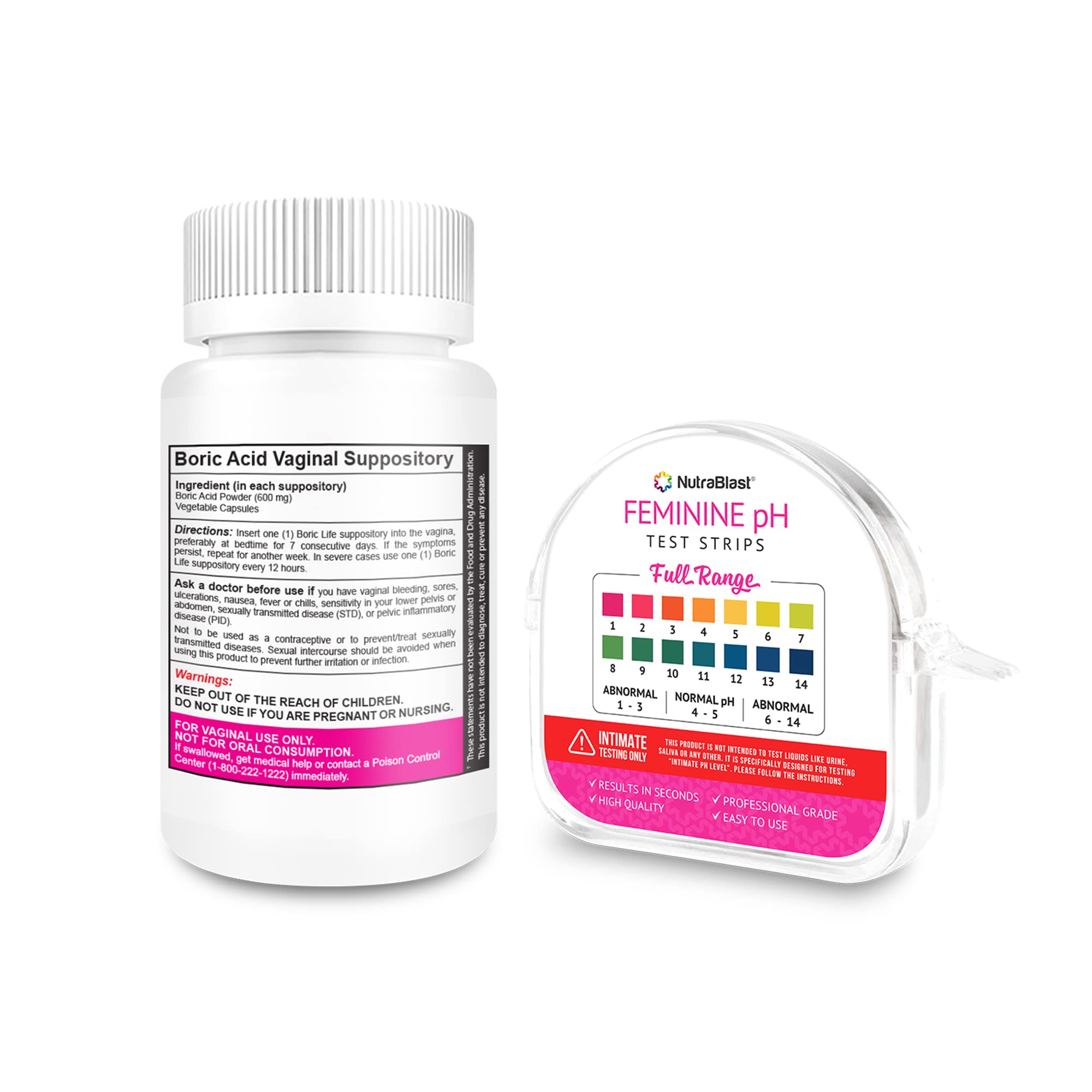 NutraBlast Boric Acid Vaginal Suppositories 600mg (30 Count) & Feminine pH Test Strips 1-14 (100-Tests Roll) NutraBlast