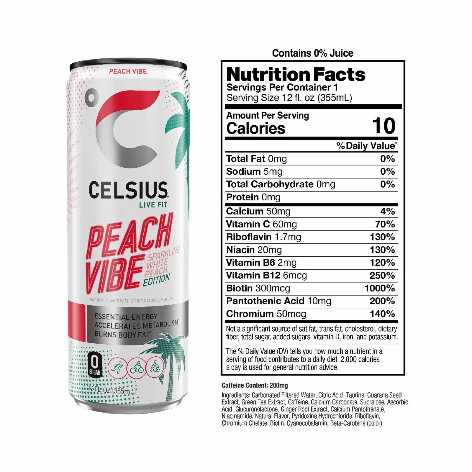 CELSIUS Sparkling Peach Vibe, Functional Essential Energy Drink, 12 Fl Oz