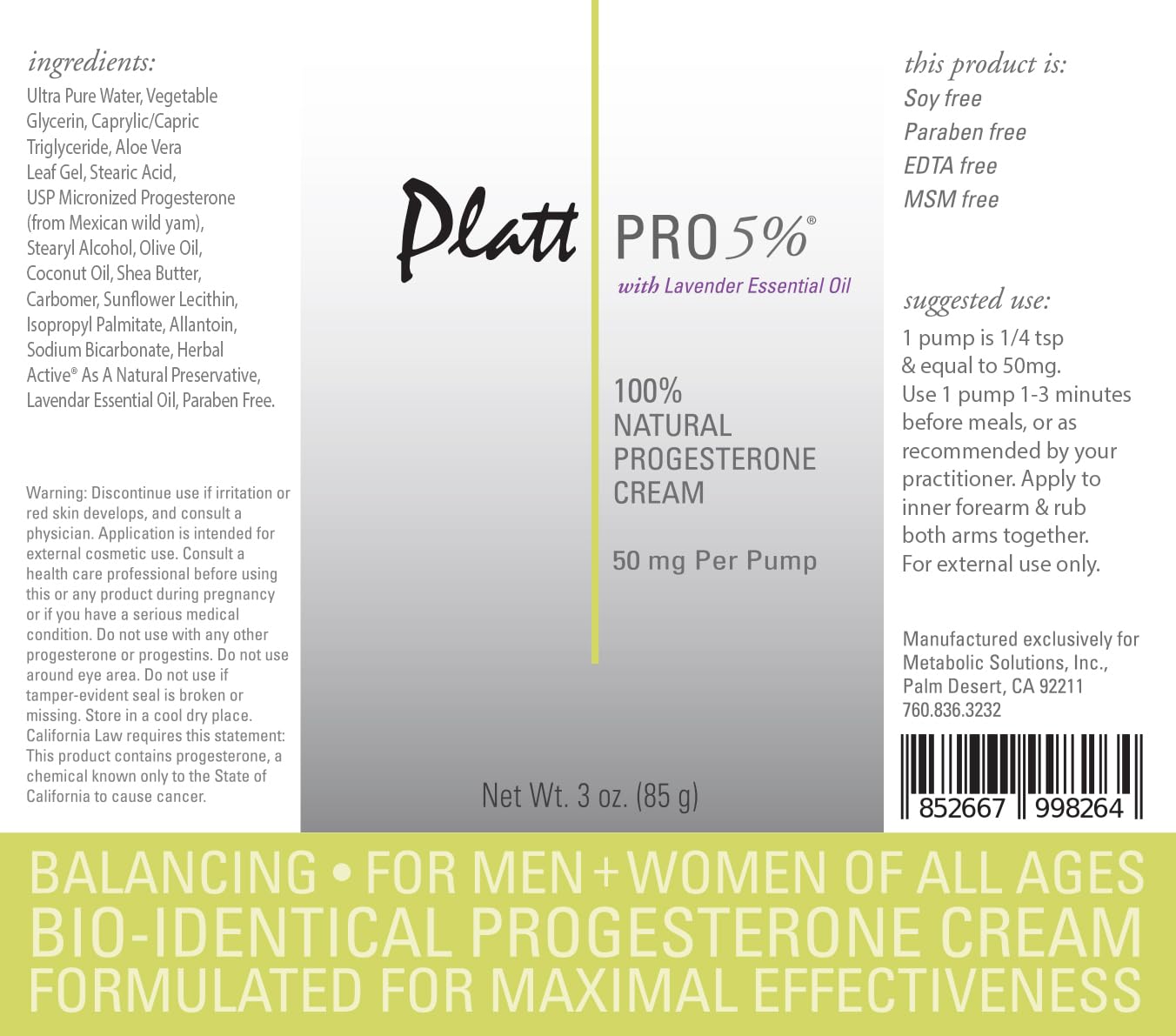 Platt PRO 5% Dr. Platt's All Natural & Bio-Identical Progesterone Cream 50mg Strength Platt PRO 5%