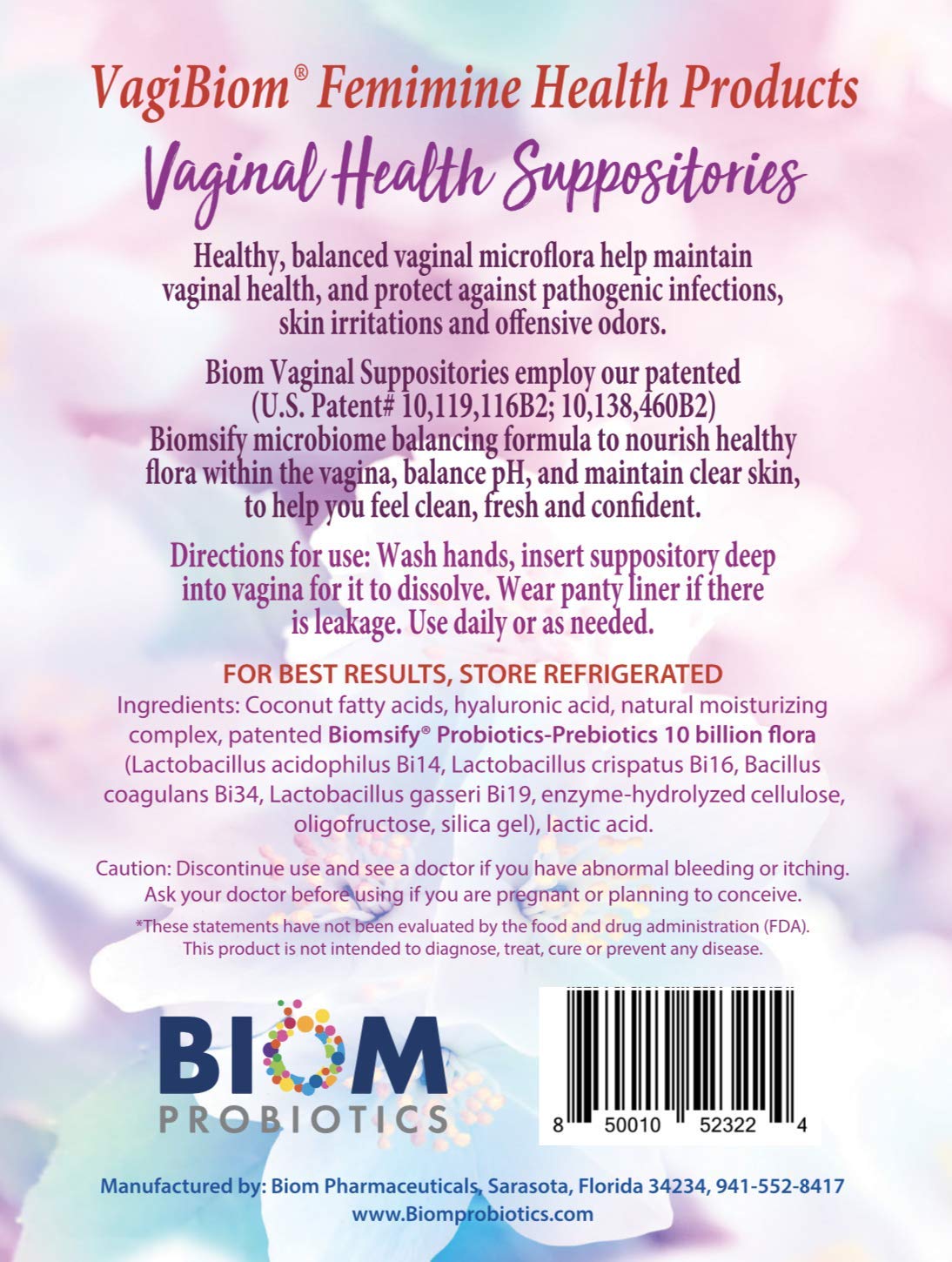 Biom Vaginal Probiotic Suppository: Natural Vaginal pH and Odor Control Regimen; Balance Biom Probiotics