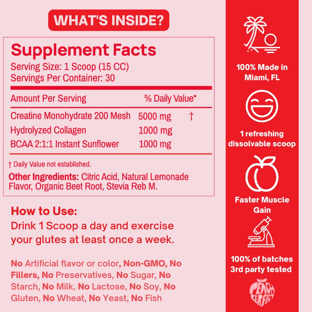 Peach Perfect Creatine for Women Booty Gain, Muscle Builder, Energy Boost, Pink Lemonade Goba Tea