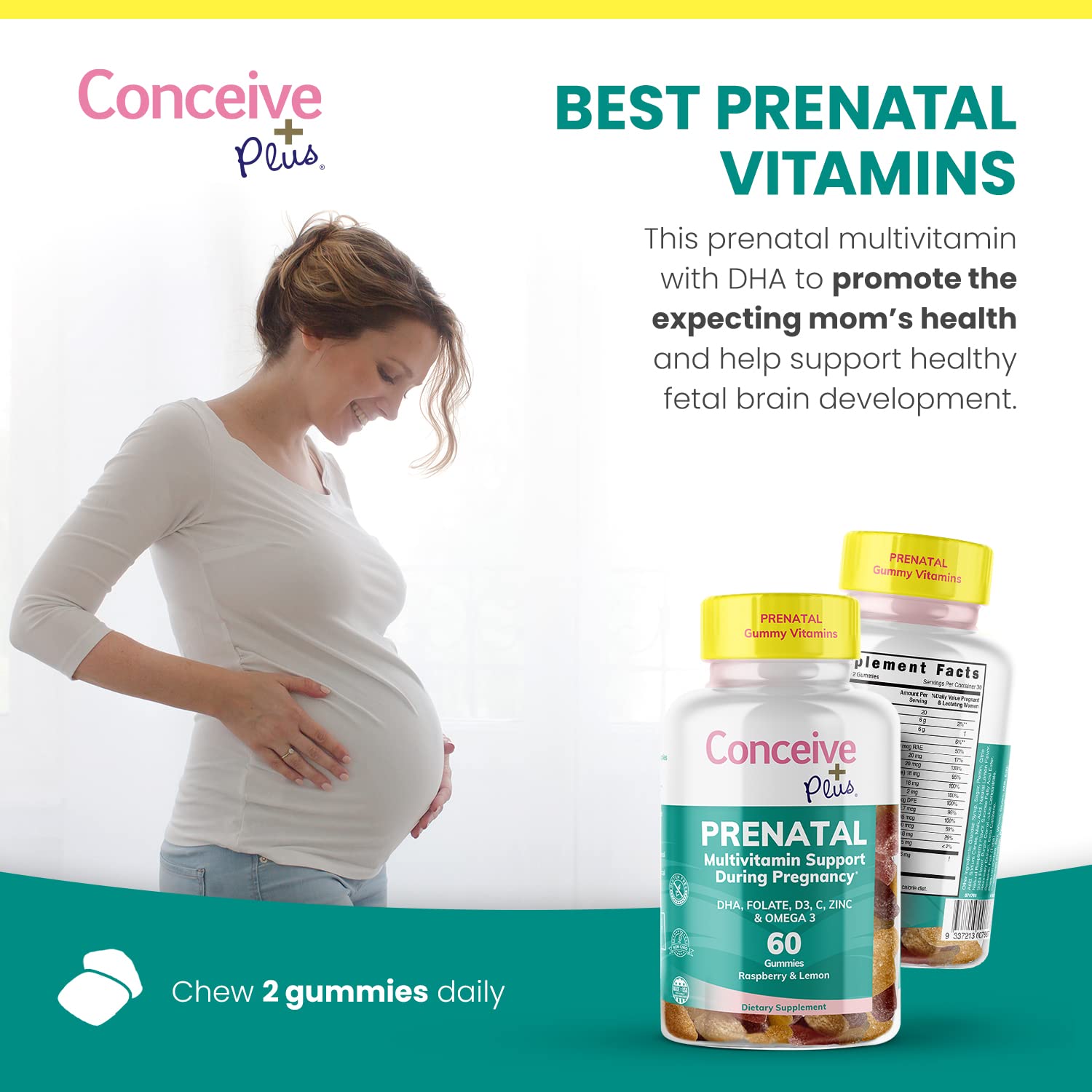 CONCEIVE PLUS Prenatal Gummies - DHA, Folic Acid, Vitamin D3, C, Zinc, and Omega 3, Natural Lemon CONCEIVE PLUS