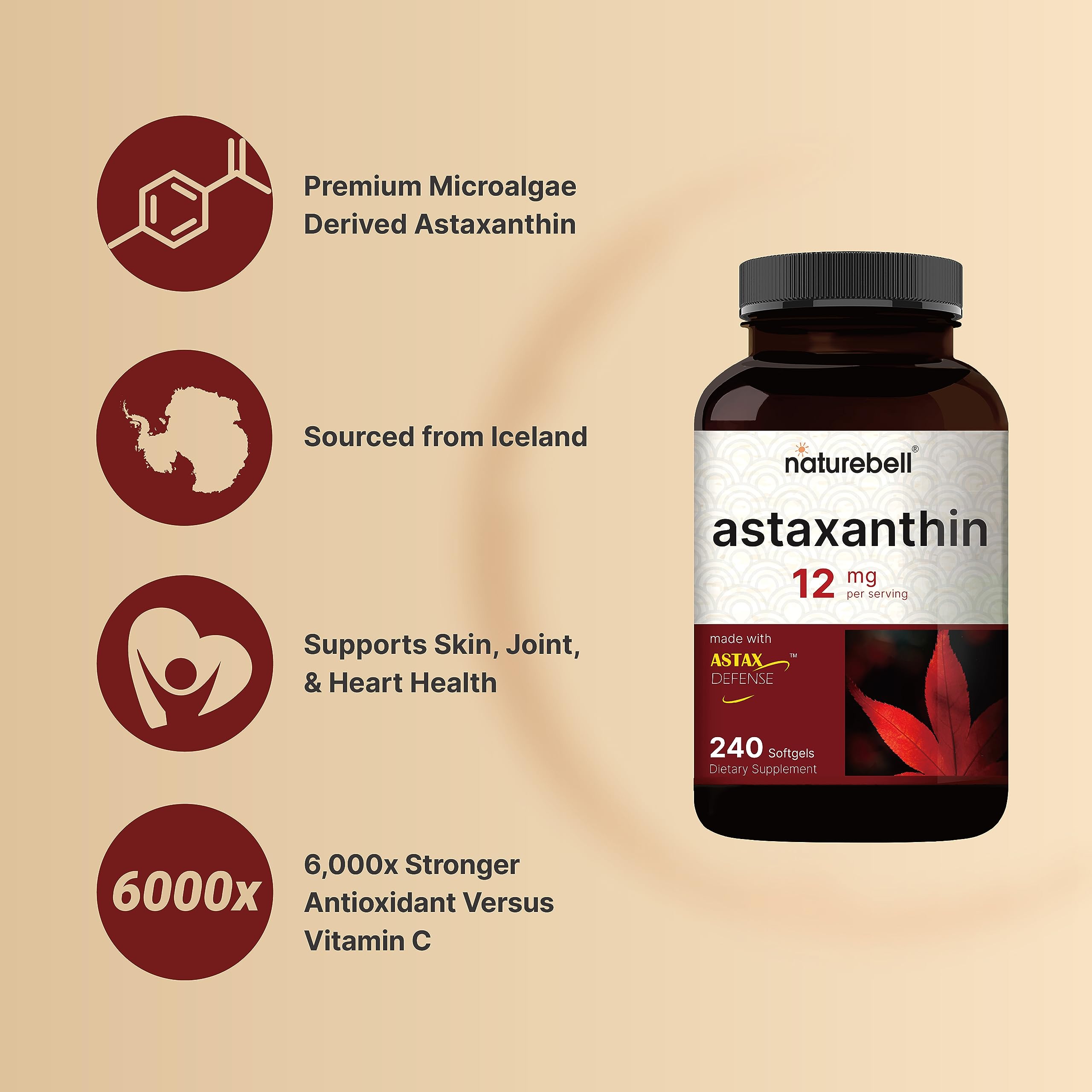 NatureBell Astaxanthin 12mg, 240 Softgels, Made with Astax, Max Strength NatureBell