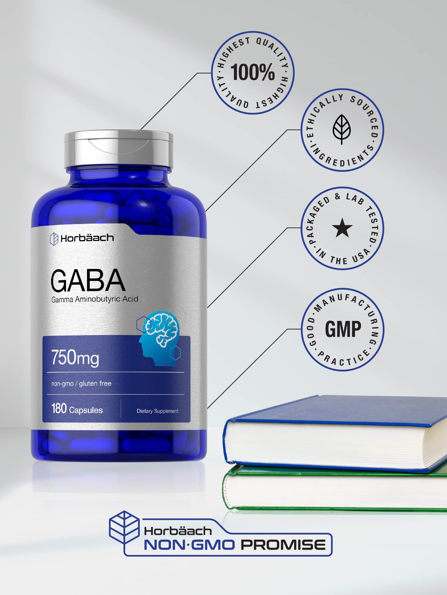 GABA 750mg | 180 Capsules | Gamma Aminobutyric Acid Supplement Horbäach