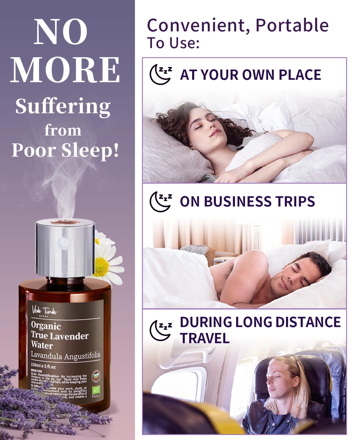 VTS Organic Lavender Water and Roman Chamomile Floral Water with Diffuser, Aromatherapy Air VEDA TINDA SCENT