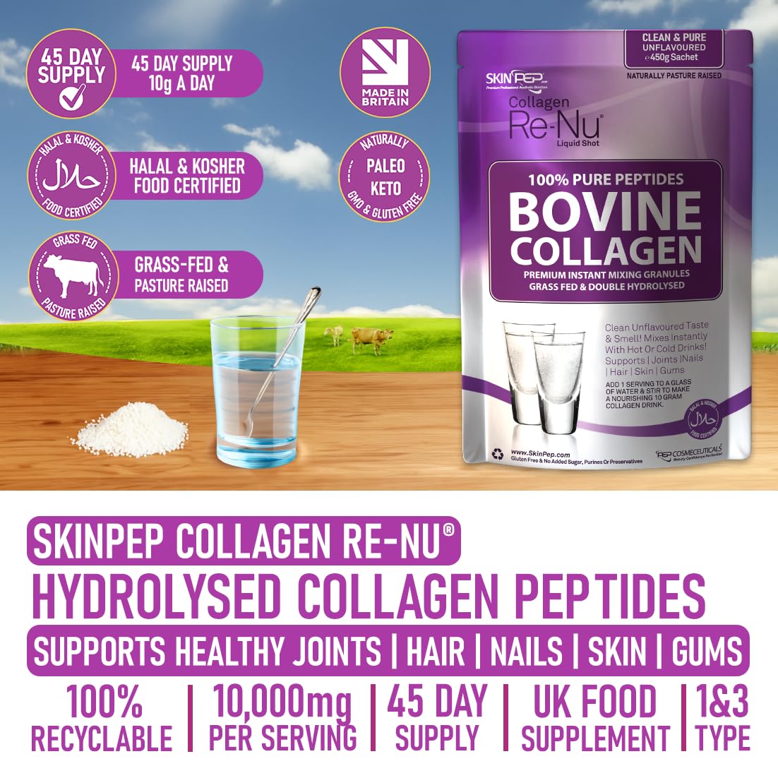 Collagen Powder, Ultra Premium Hydrolysed Bovine Collagen Peptides by SkinPep Skin Pep