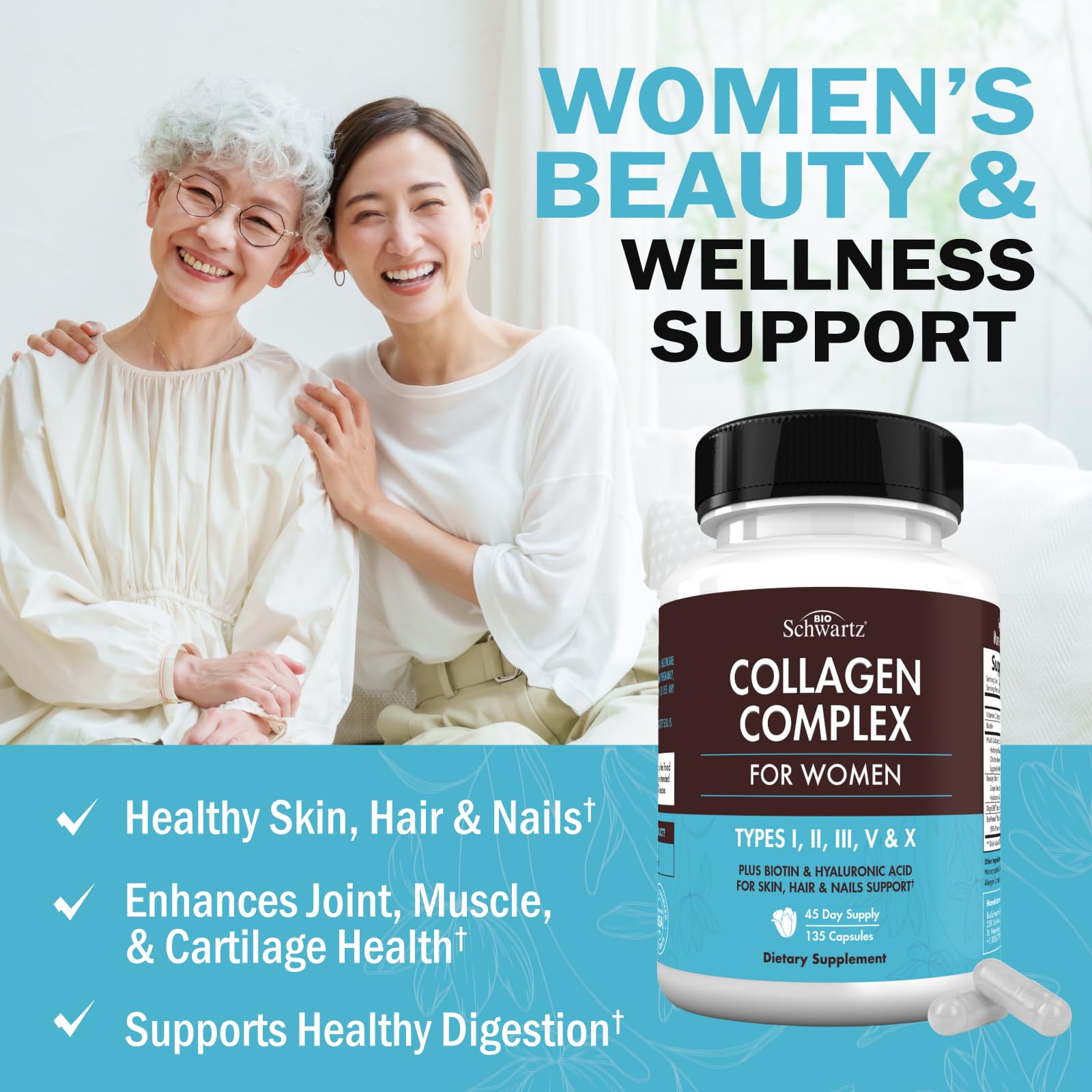 Multi Collagen Pills for Women (Types I II III V X) with Vitamin C Hyaluronic Acid Biotin BioSchwartz