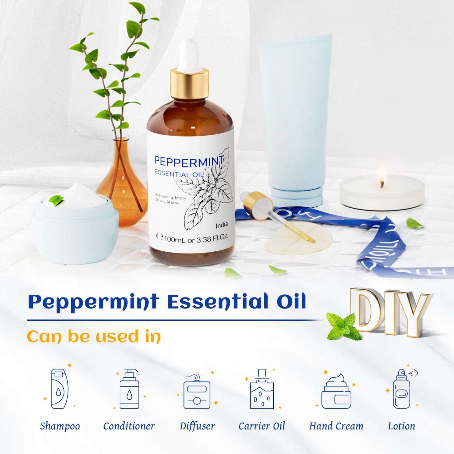 HIQILI Peppermint Essential Oil, 100% Pure Natural for Diffuser, Hair, Massage, Add to Spray