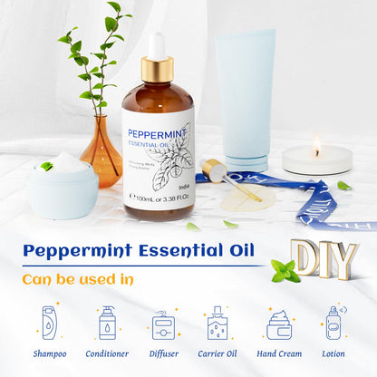 HIQILI Peppermint Essential Oil, 100% Pure Natural for Diffuser, Hair, Massage, Add to Spray