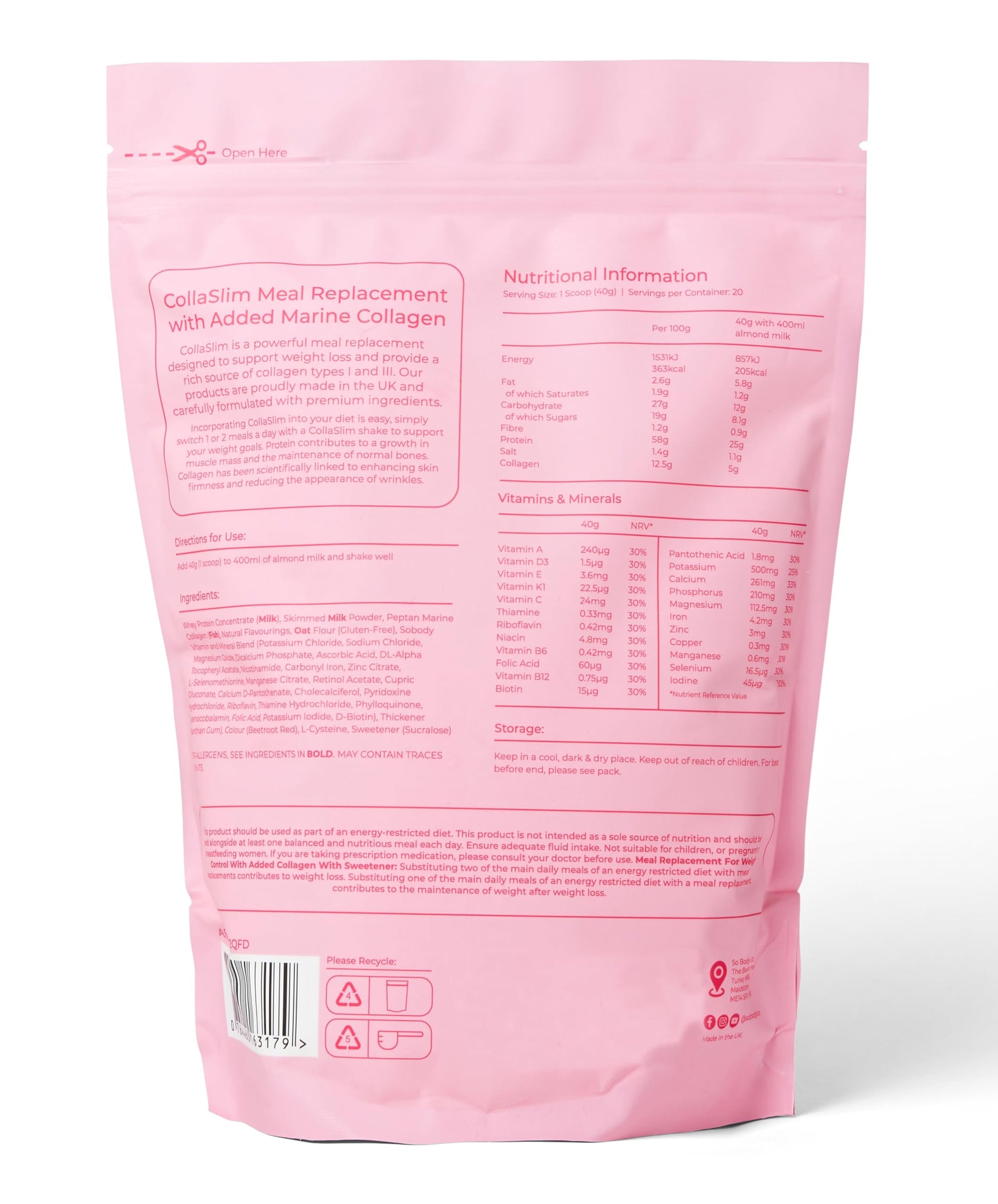 CollaSlim, Meal Replacement Shake with Added Collagen, Vitamins and Minerals, 800g So Body Co