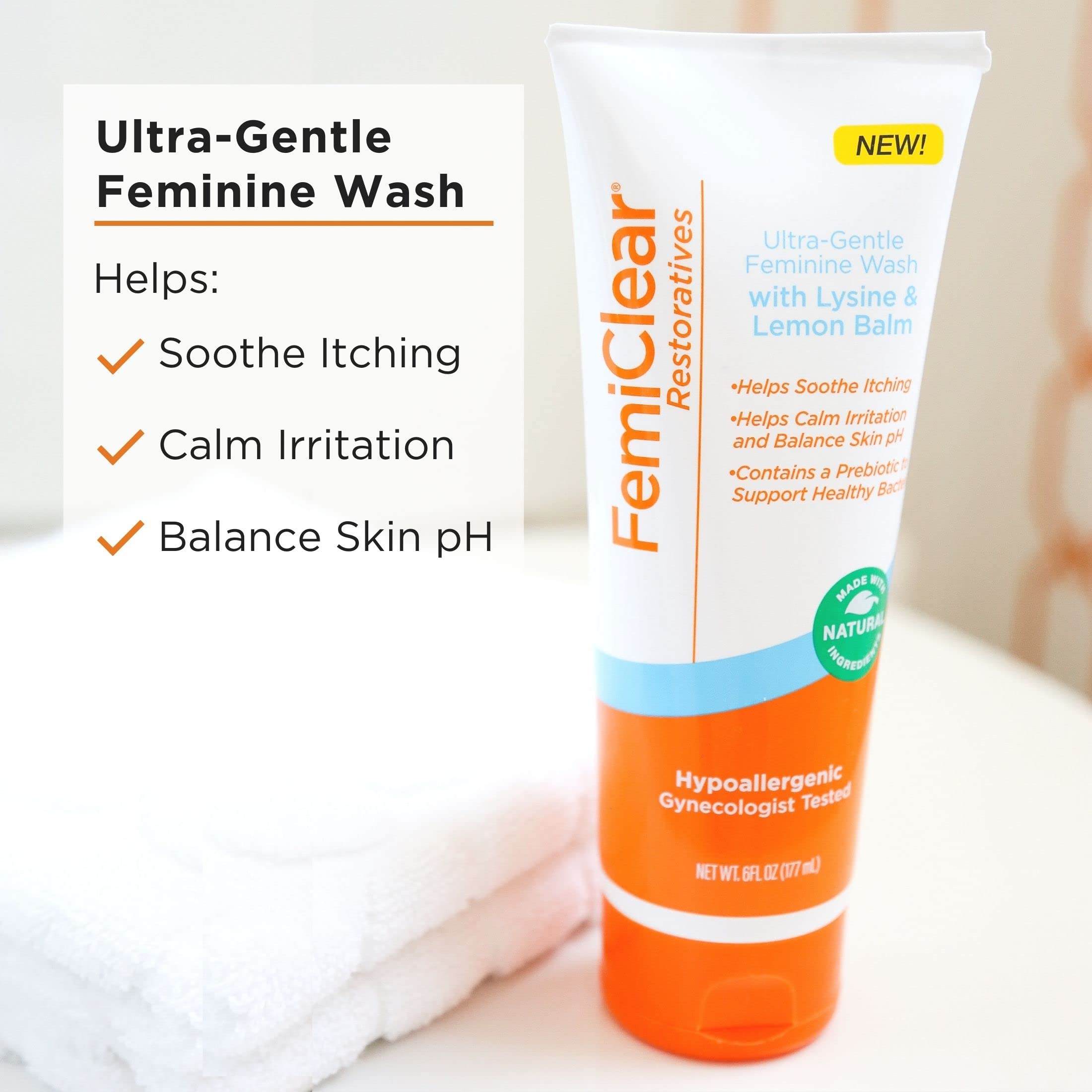 FemiClear® Restoratives Ultra-Gentle Feminine Wash, Made with Lysine & Lemon Balm, Natural Ingredients FemiClear