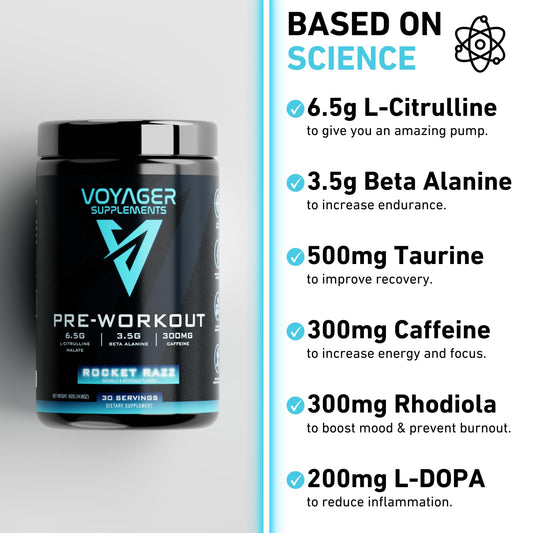 Voyager Supplements Pre-Workout Powder | Rocket Razz | Intense Pump | Maximized Energy | G-Force Strength | Laser Focus | Science-Backed & Gym Proven | 30 Servings