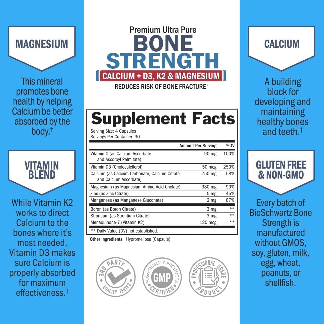 Bone Strength Supplement with Calcium + D3, K2 & Magnesium - Highly Absorbable BioSchwartz