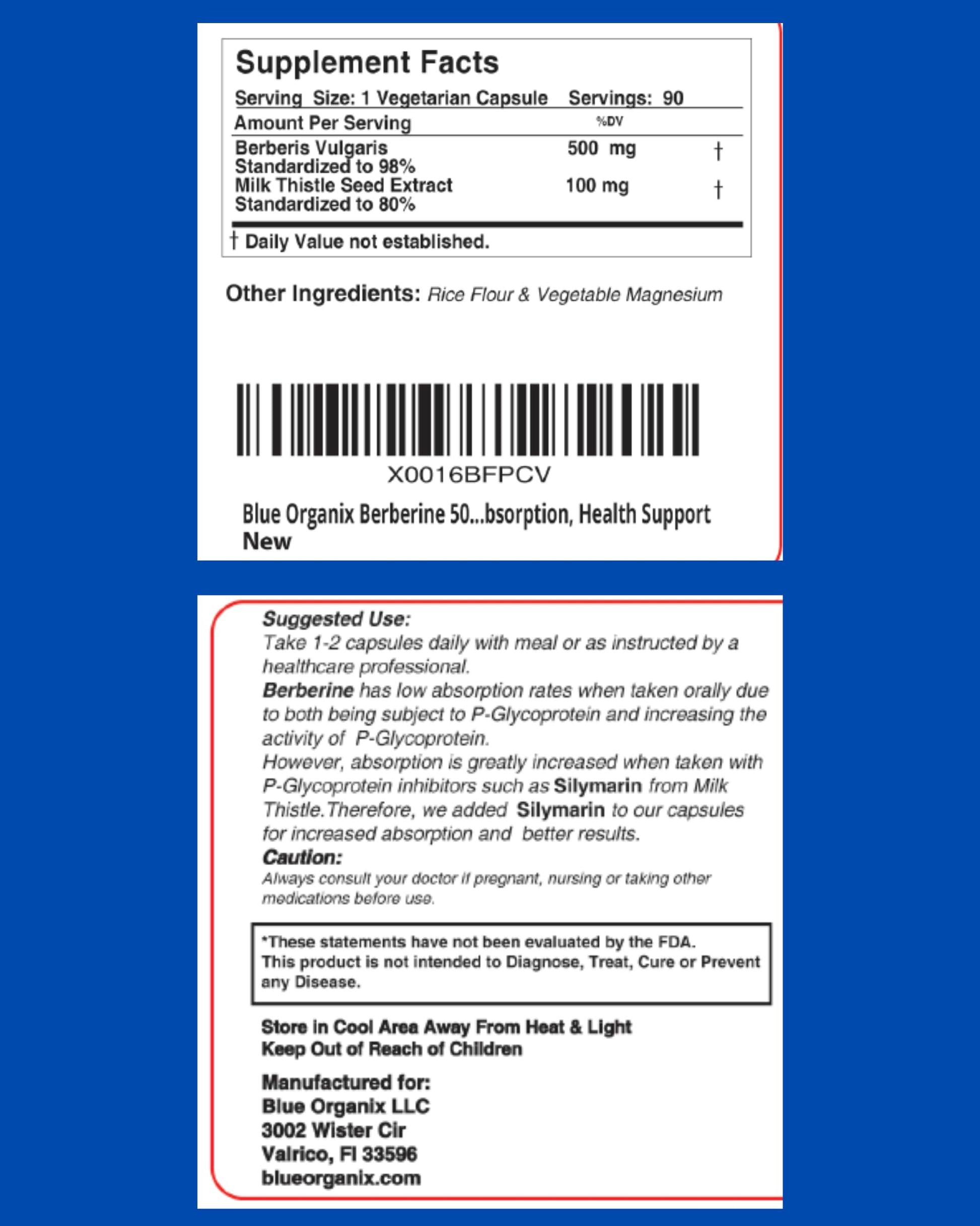 Blue Organix Berberine 500mg Formula HCL Complex Supplement with Silymarin Blue Organix