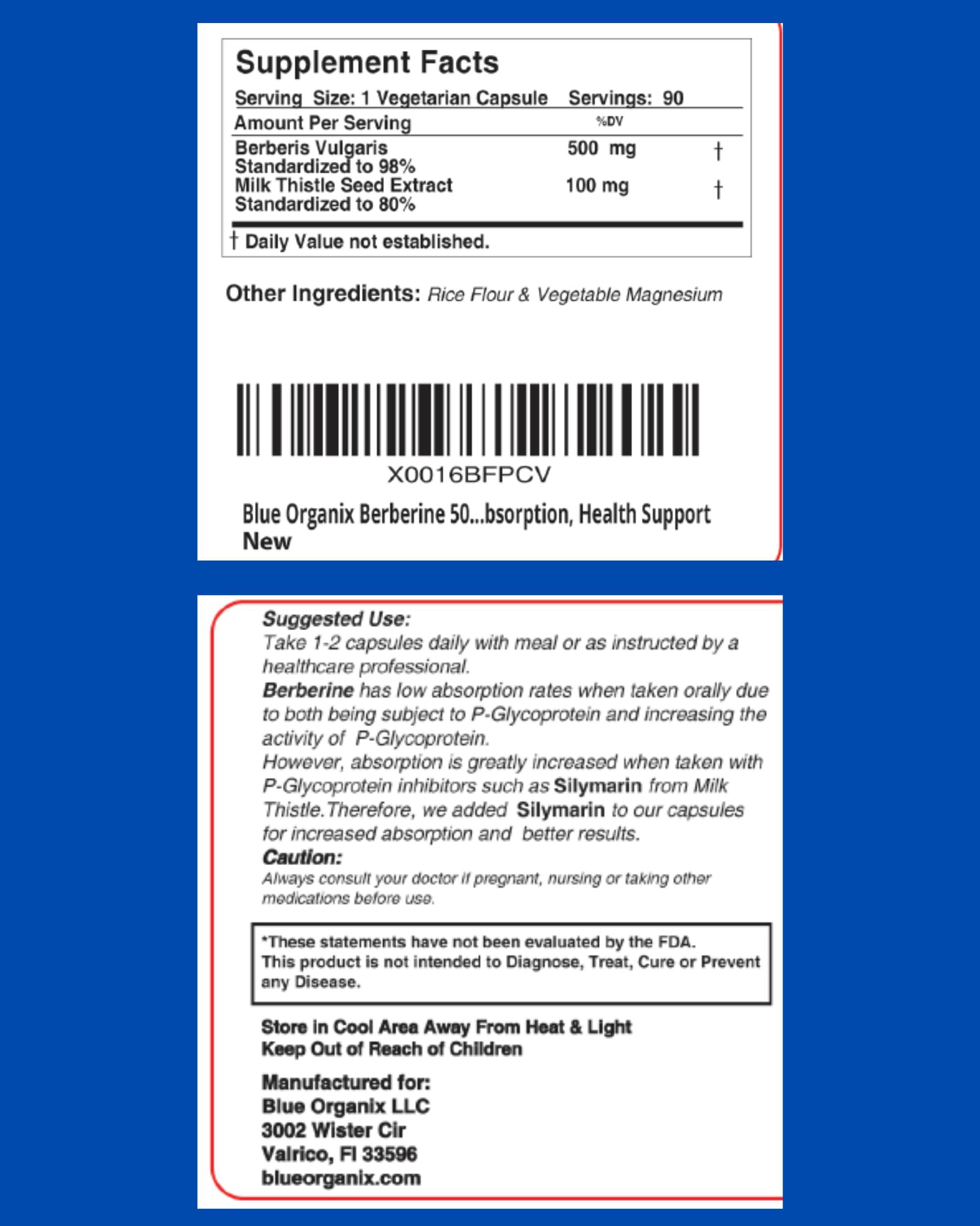 Blue Organix Berberine 500mg Formula HCL Complex Supplement with Silymarin Blue Organix