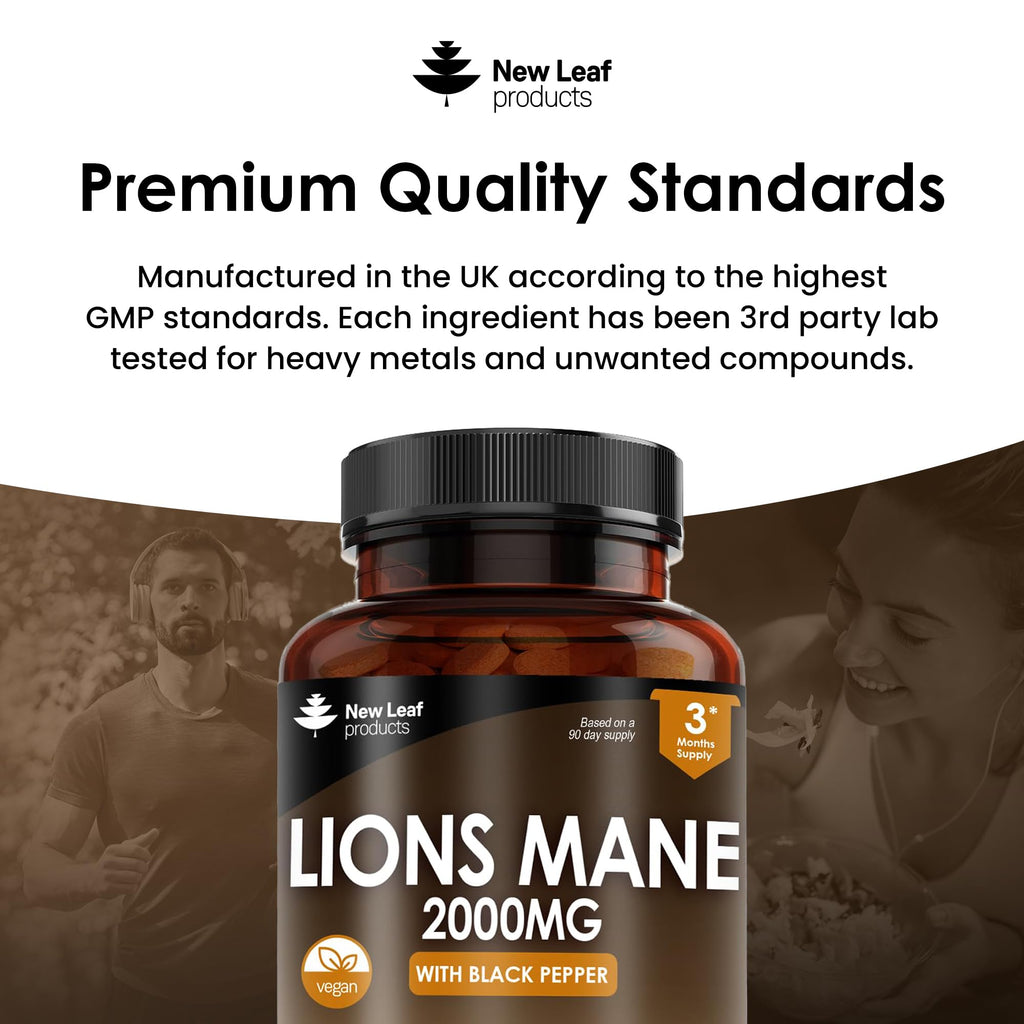 Lions Mane Mushroom Extract Supplement 2000mg - 180 High Strength Vegan Tablets