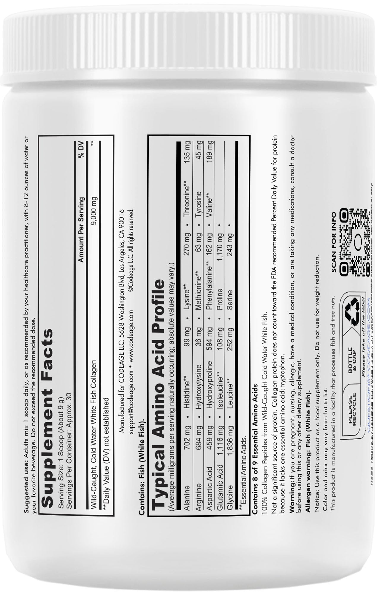 Codeage Marine Collagen Powder - Wild-Caught Hydrolyzed Fish Collagen Peptides - Type 1 & 3 Collagen Codeage