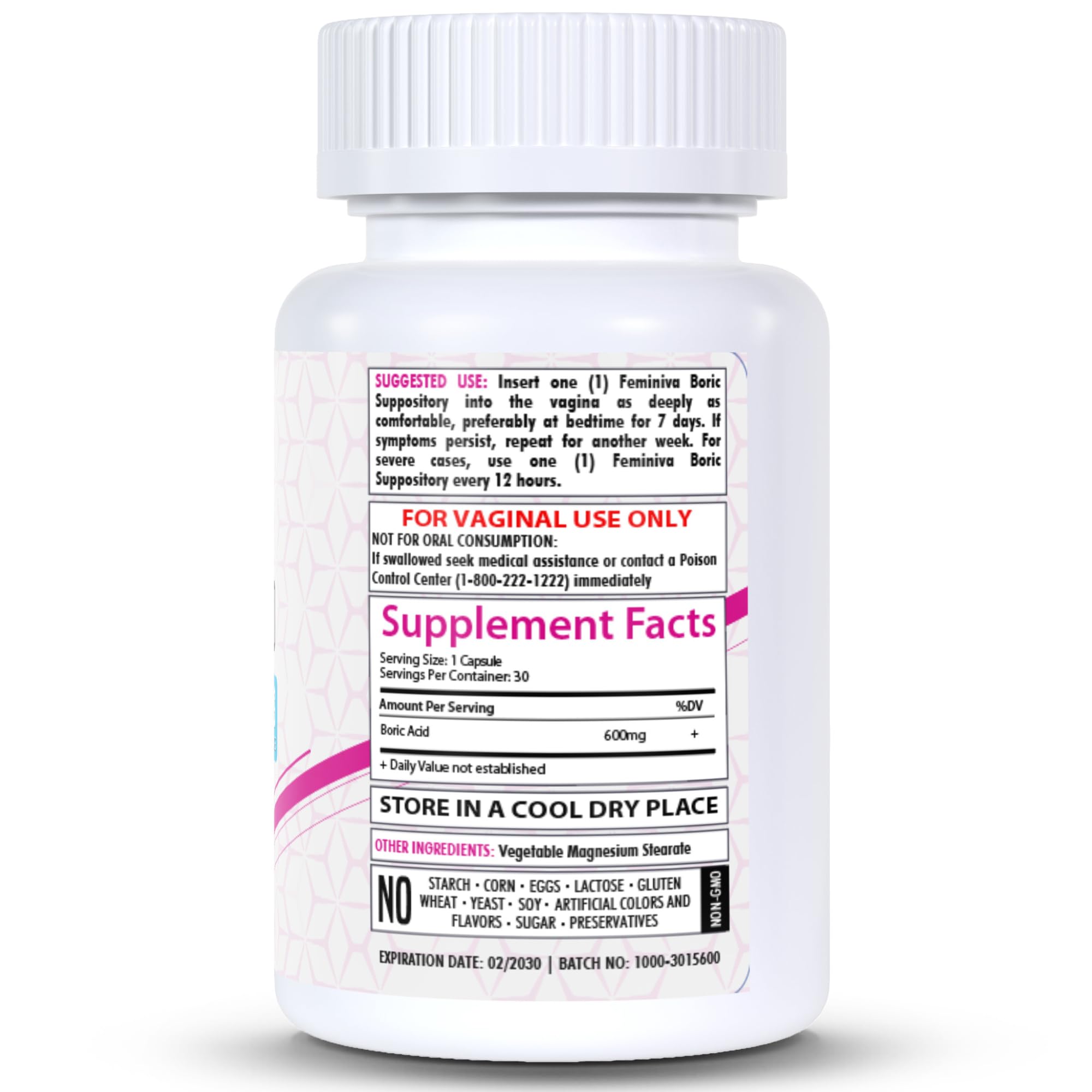 HealthFare Feminiva Boric Acid Vaginal Suppositories - 30 Count, 600mg, Intimate Health Support - 100% Healthfare