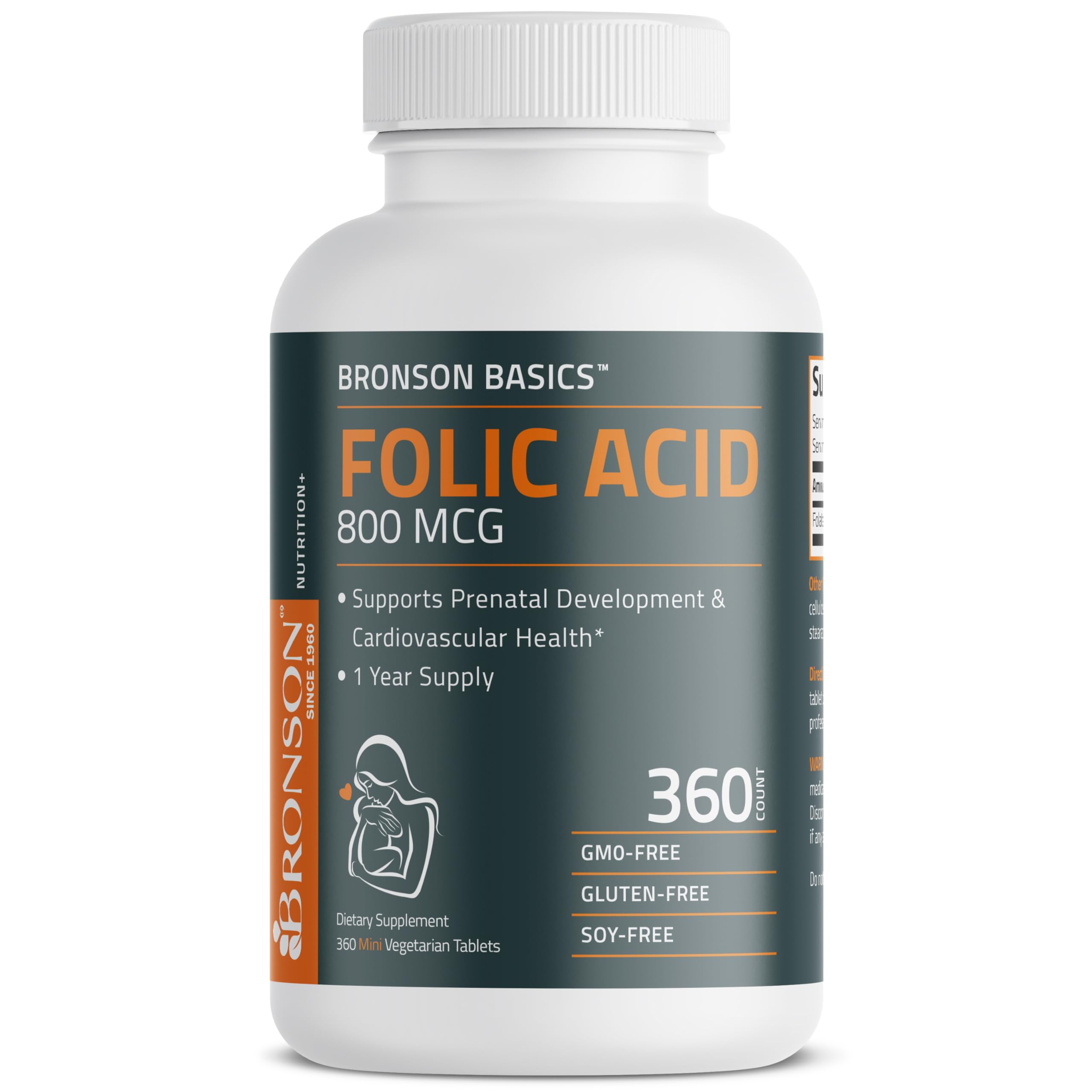 Bronson Folic Acid 800 MCG Supports Prenatal Development, 1 Year Supply, Non-GMO Bronson