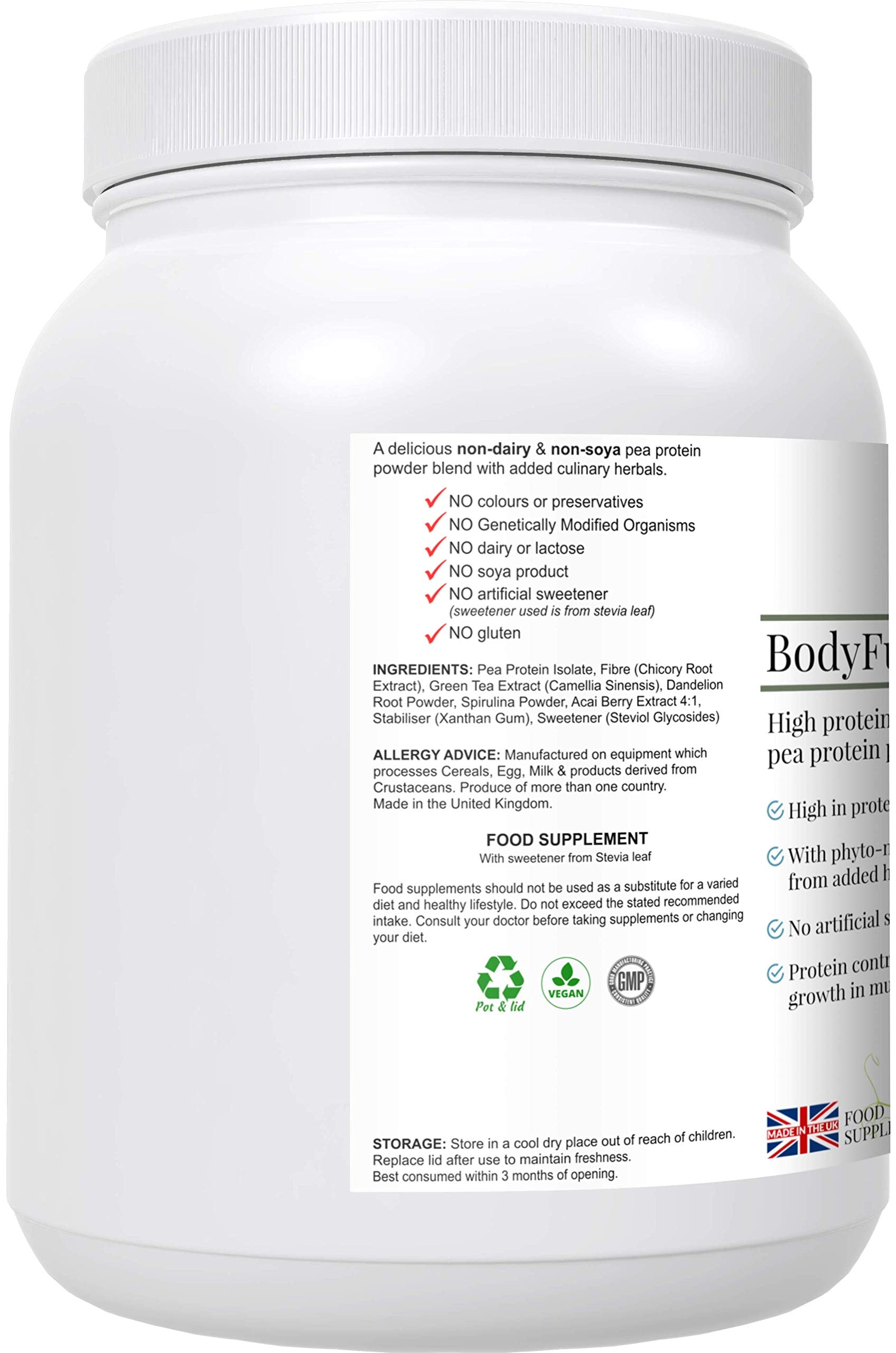 Complementary Supplements - BodyFuel Hypoallergenic Pea Protein Isolate Powder Plus Phytonutrients Complementary Supplements