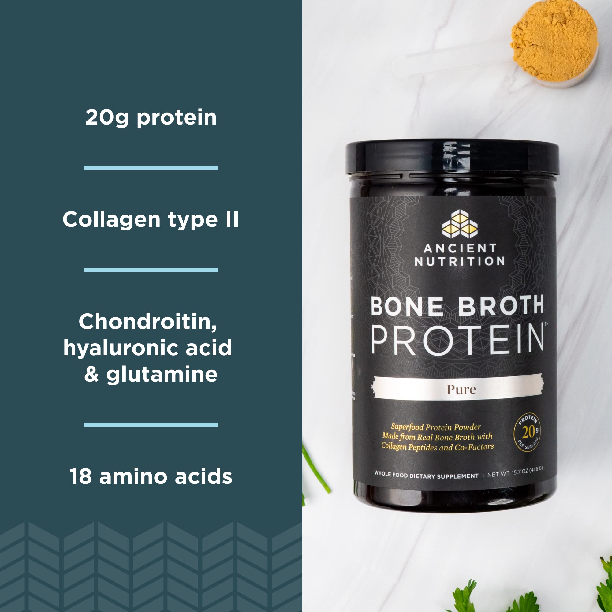 Ancient Nutrition Bone Broth Protein Powder, Pure Flavor, 20 Servings Size Ancient Nutrition