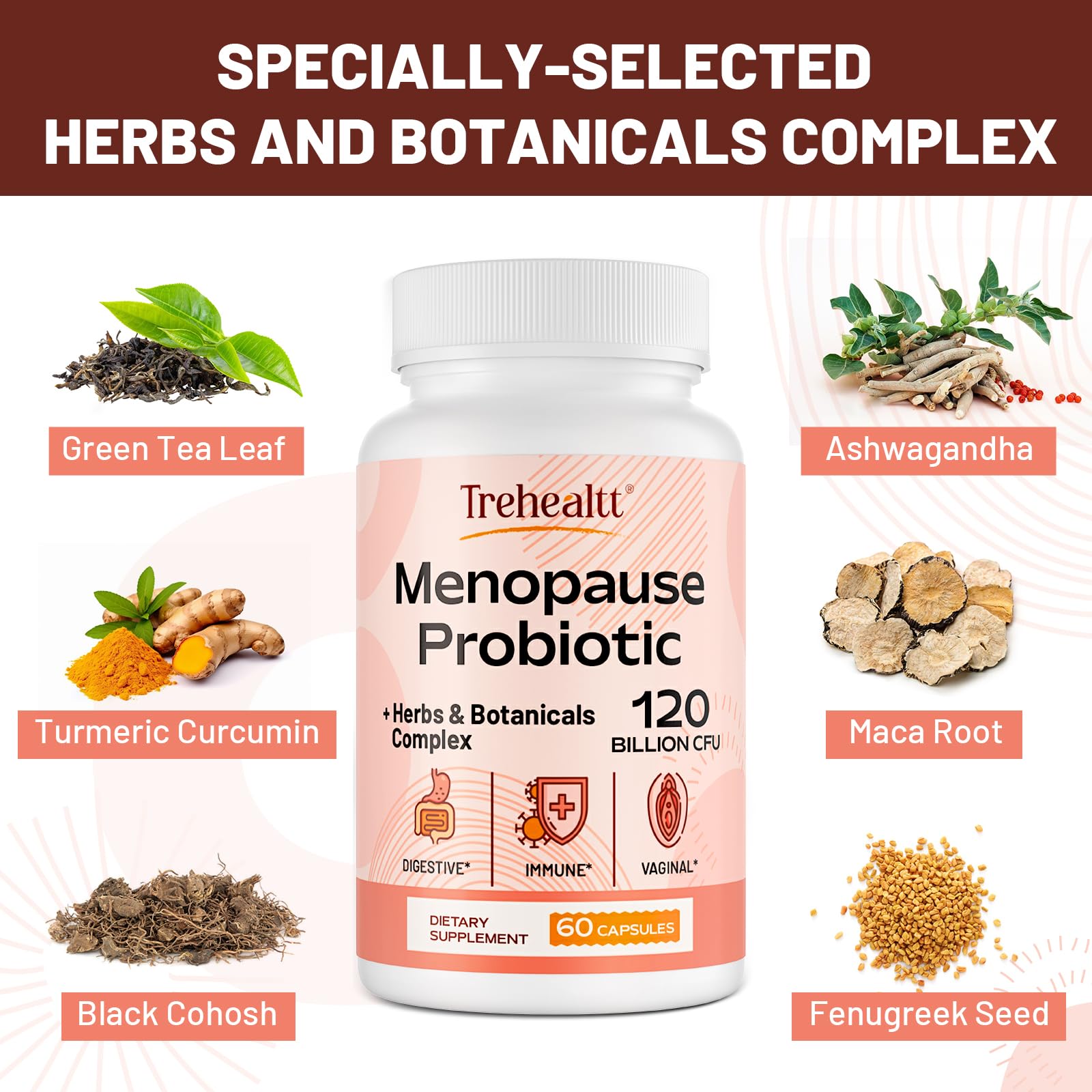 Menopause supplements for women, 120 Billion CFU Probiotic, 13-in-1 Herbs & Botanicals Complex Trehealtt